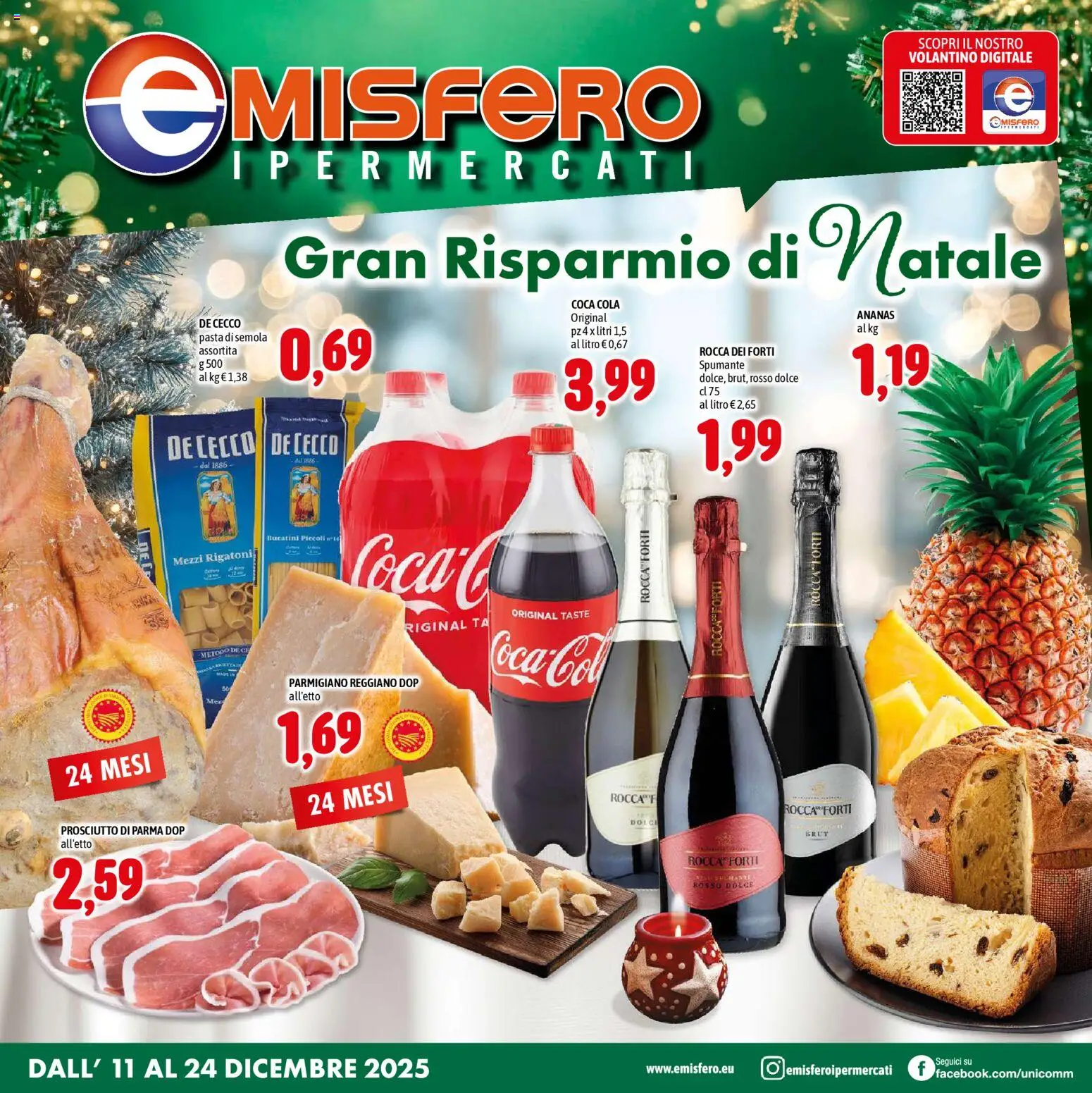 Volantino Emisfero del 11.12.2025 | Pagina: 1 | Prodotti: Prosciutto, Pasta, Parmigiano reggiano, Coca Cola