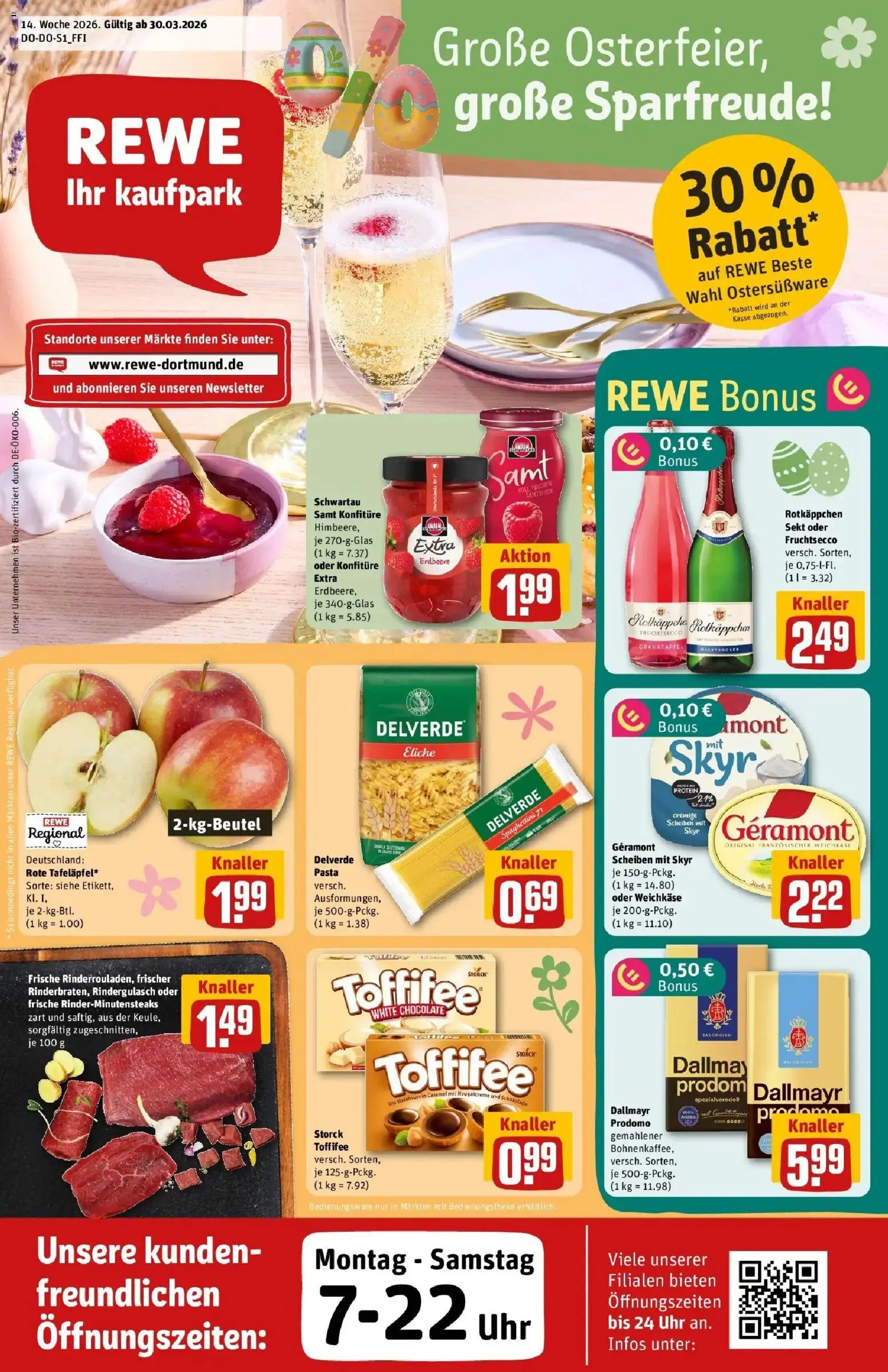 Rewe Prospekt Schalksmühle	 – gültig ab 30.03.2026 | Seite: 1 | Produkte: Schokolade, Schwartau samt, Sekt, Uhr