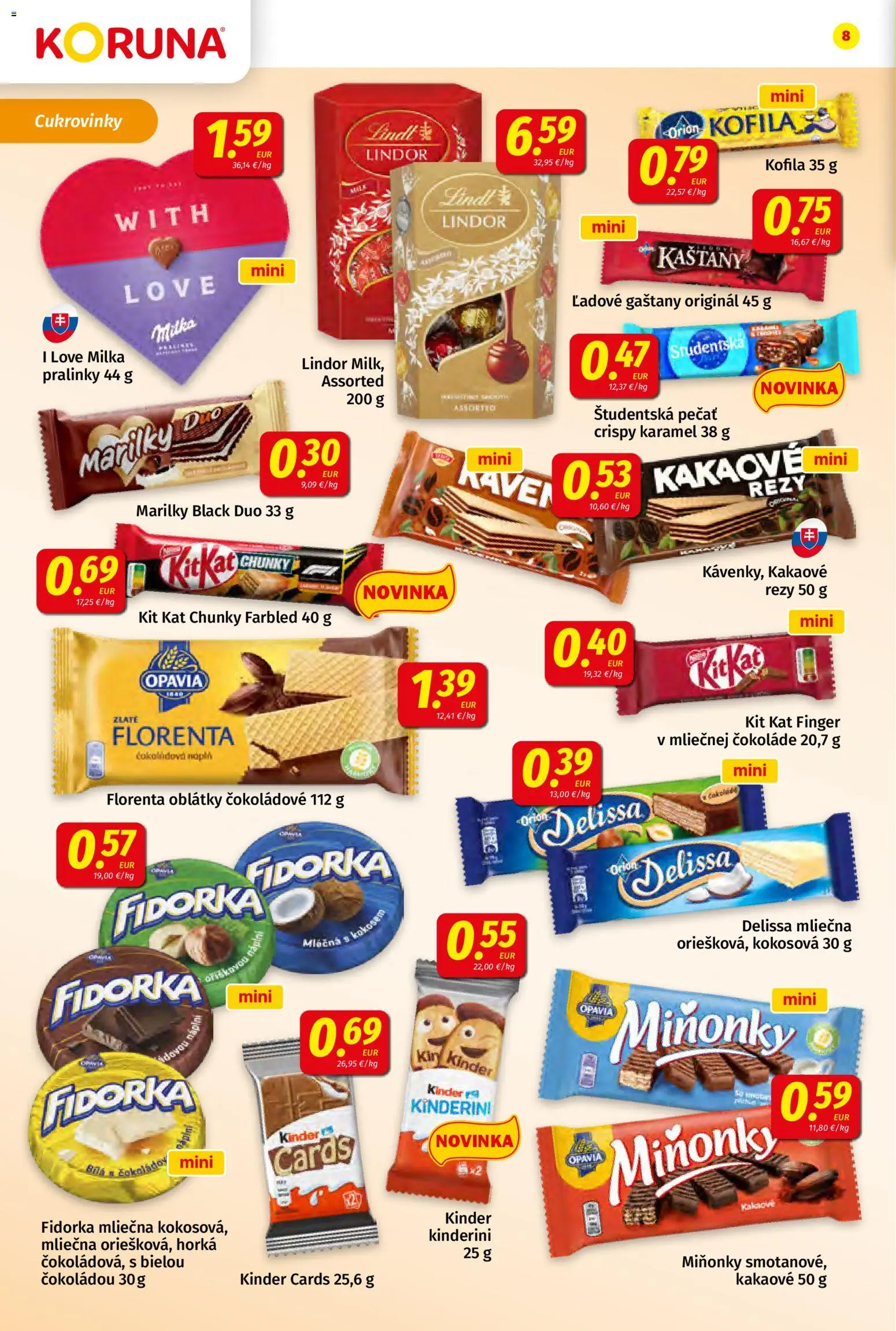 Nové Koruna akcie – leták je platný od 20.03.2026 | Strana: 8 | Produkty: Gaštany, Lindor, Kinder, Študentská pečať