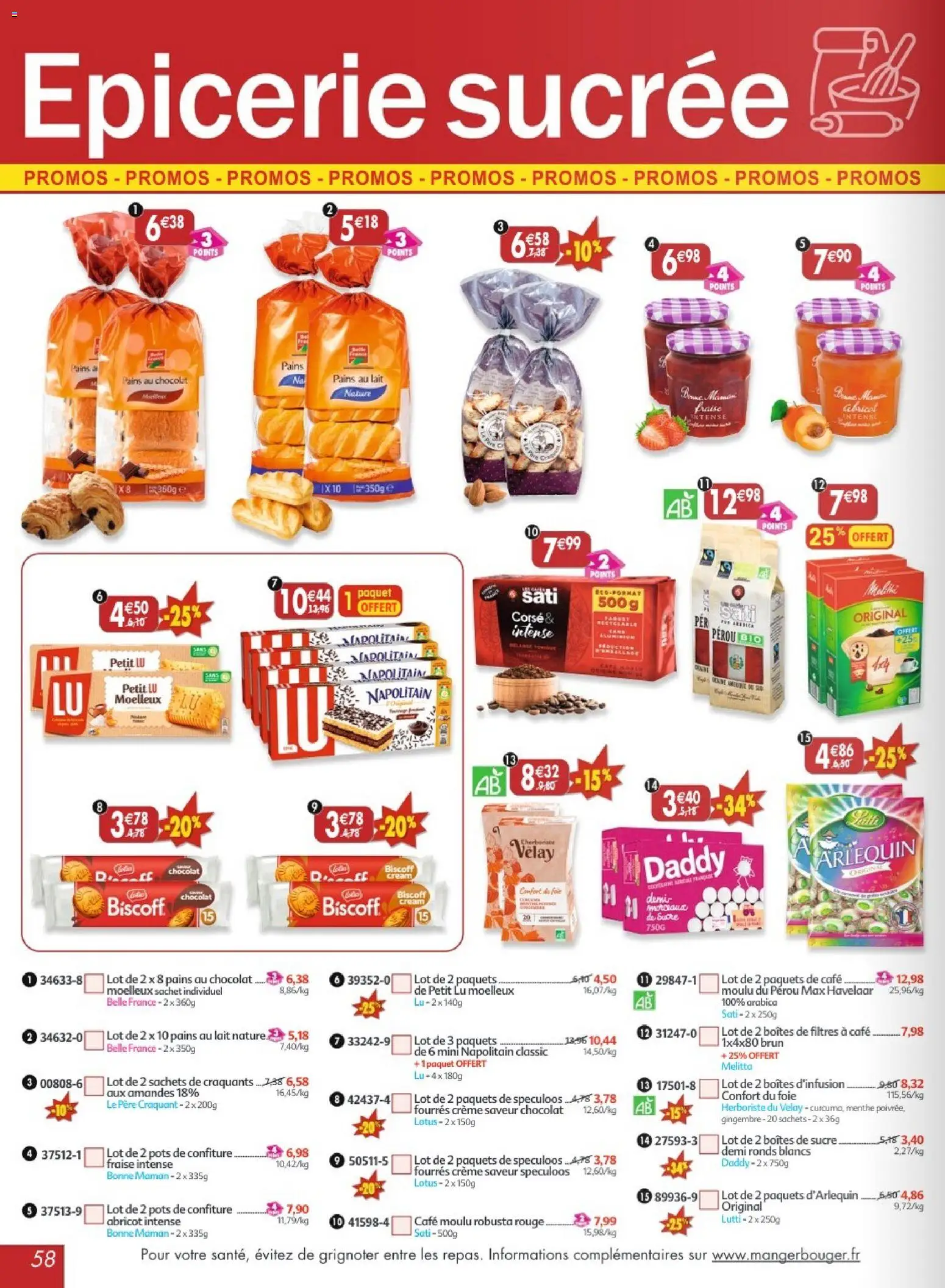 {H1} | Page: 58 | Produits: Sucre, Pains au lait, Café, Chocolat