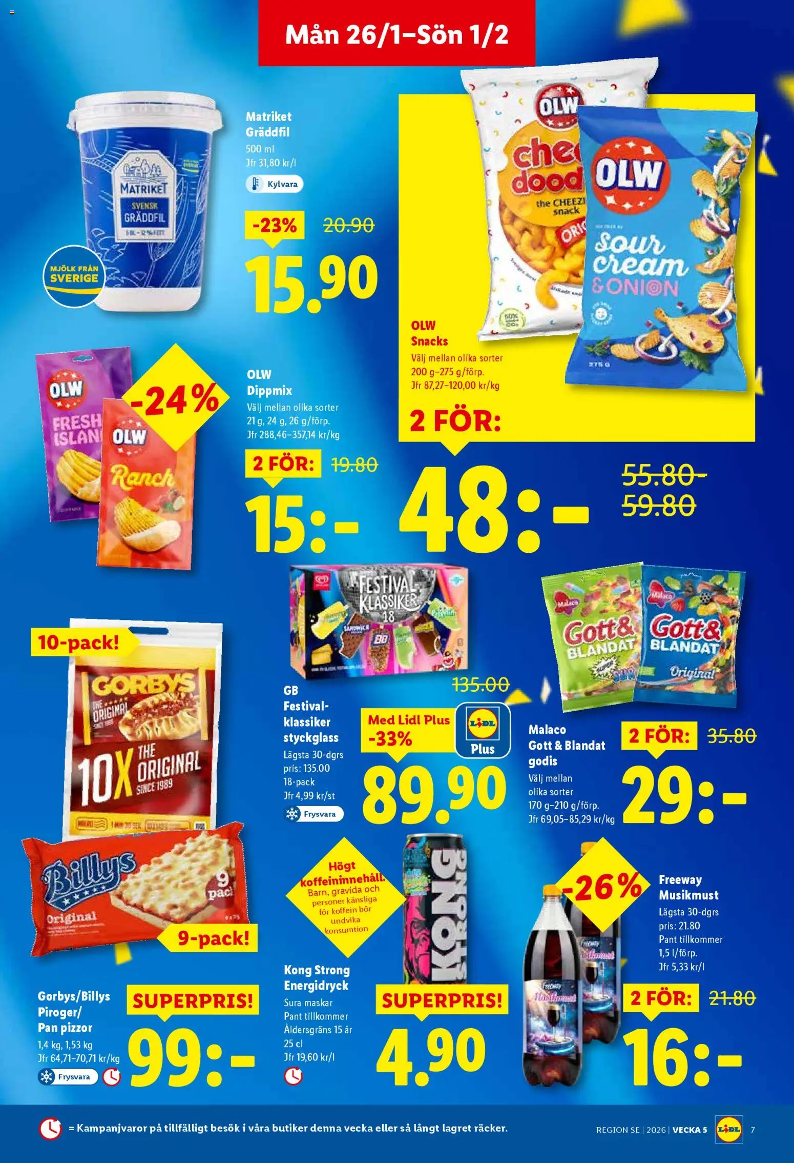 Lidl reklamblad aktuell från 26.01.2026 | Sida: 7 | Produkter: Mjölk, Energidryck, Gräddfil, Godis