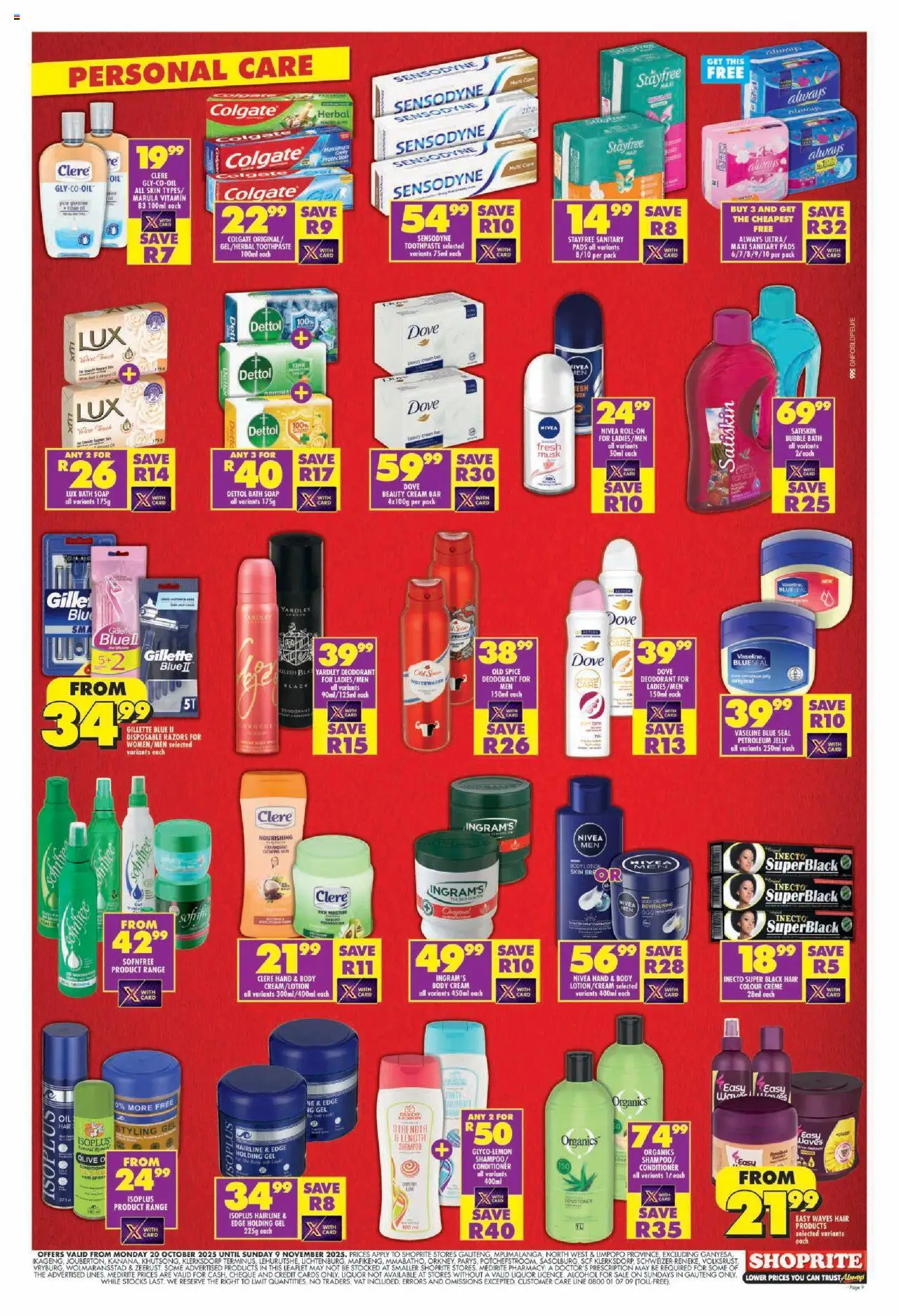 New Shoprite catalogue – valid from 20.10.2025 | Page: 9 | Products: Bath, Pads, Shampoo, Soap