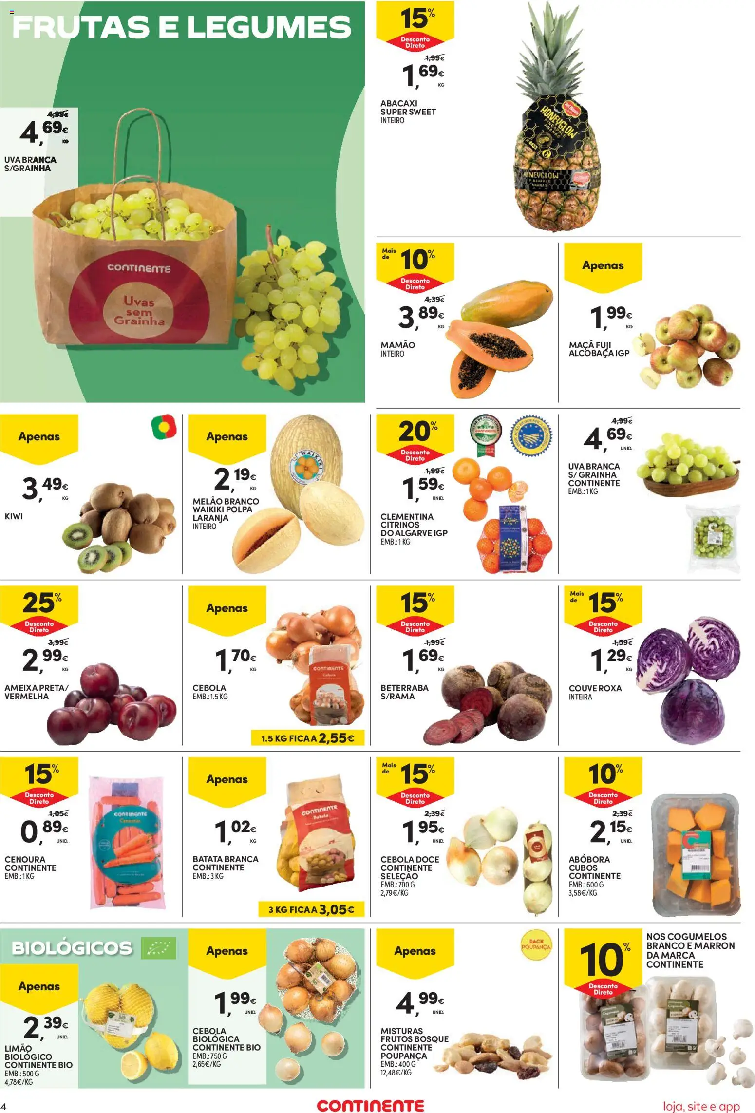 Continente Semanal Continente Bom Dia │ válido de 20.01.2026 | Página: 4 | Produtos: Abacaxi, Kiwi, Cogumelos, Mamão