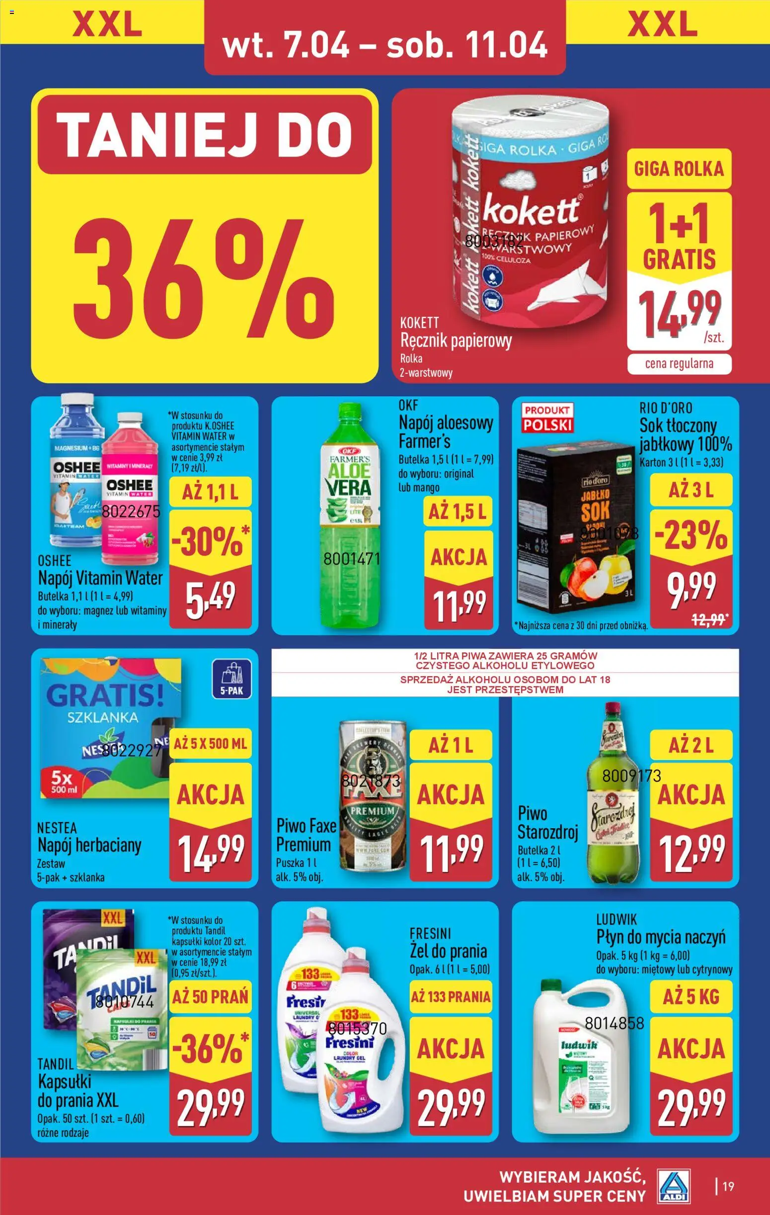 Aldi gazetka od 07.04.2026 | Strona: 19 | Produkty: Napój aloesowy, Sok, Ręcznik papierowy, Płyn do mycia naczyń