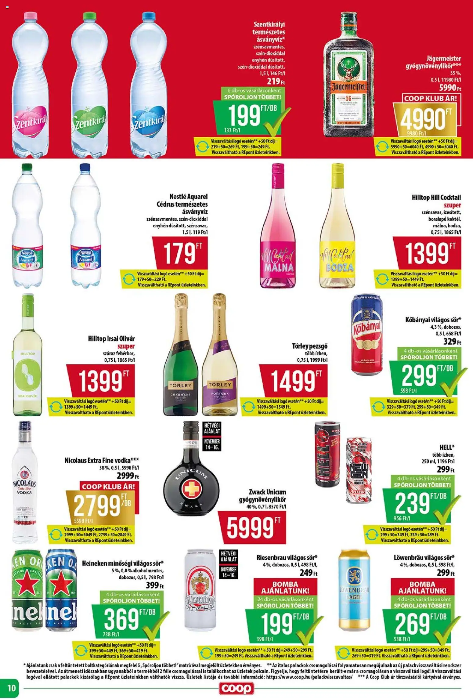 COOP akciós ujság - amely érvényes a következő dátumtól: 13.11.2025 | Oldal: 10 | Termékek: Jägermeister, Málna, Heineken, Törley pezsgő