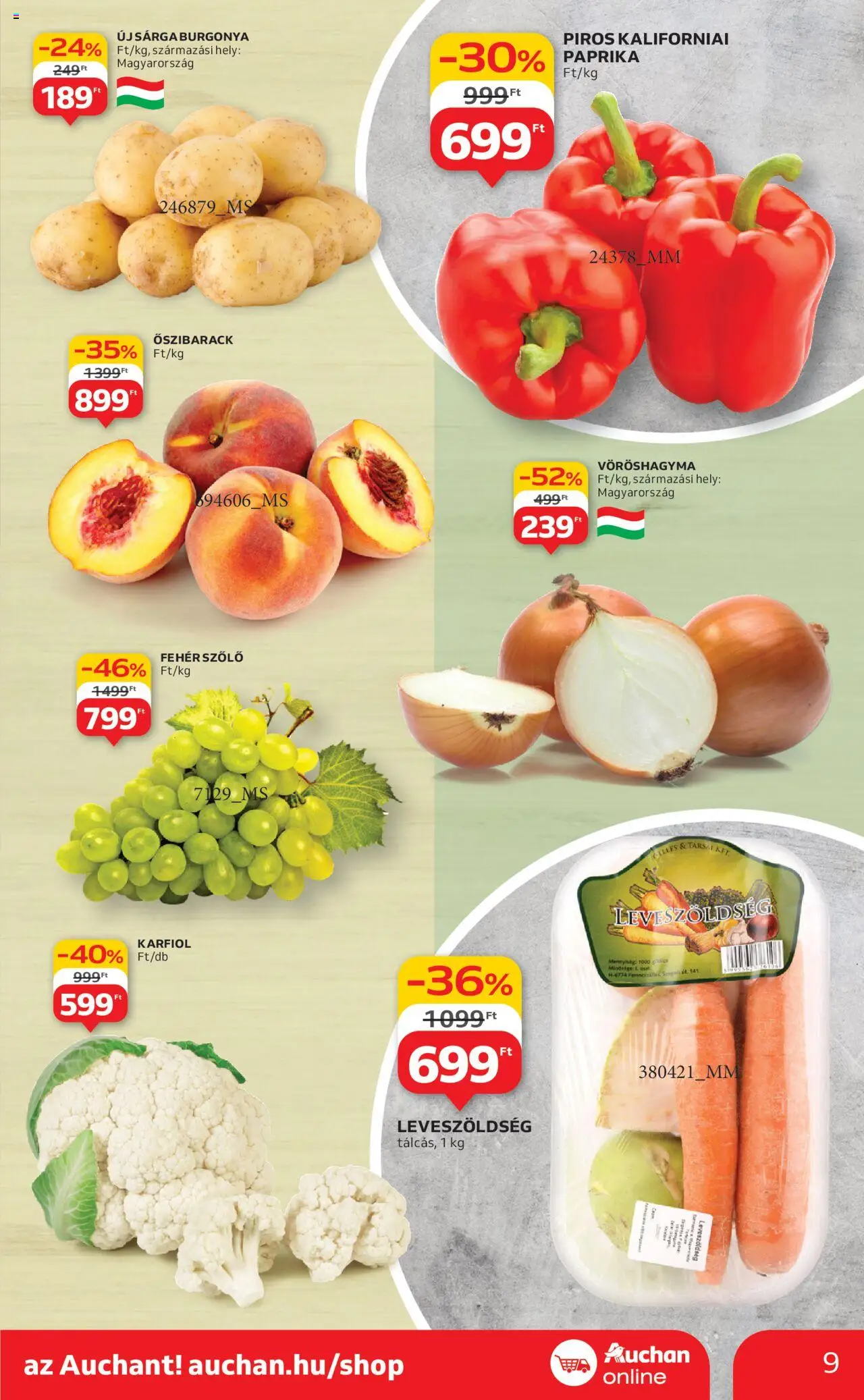 Auchan akciós ujság - amely érvényes a következő dátumtól: 14.08.2025 | Oldal: 9 | Termékek: Őszibarack, Szőlő, Karfiol, Vöröshagyma