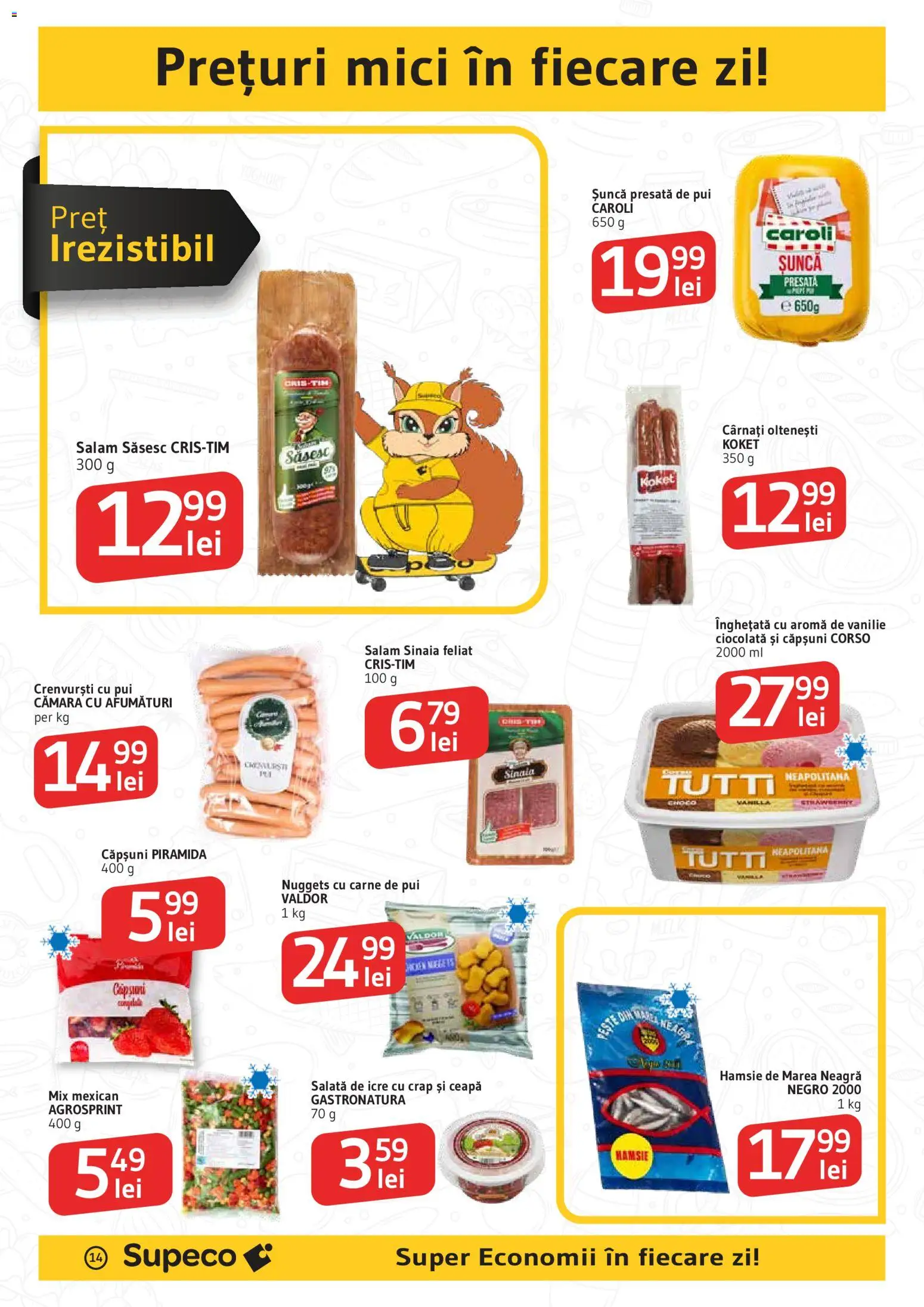 Noul catalog Supeco – valabil de la 16.04.2026 | Pagină: 14 | Produse: Mici, Carne De Pui, Înghețată, Cârnați
