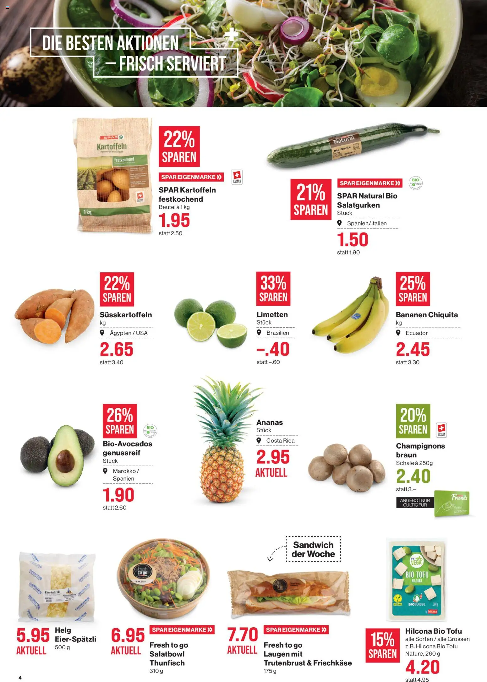 SPAR aktionen – gültig ab 09.04.2026 | Seite: 4 | Produkte: Champignons, Bananen, Ananas, Kartoffeln