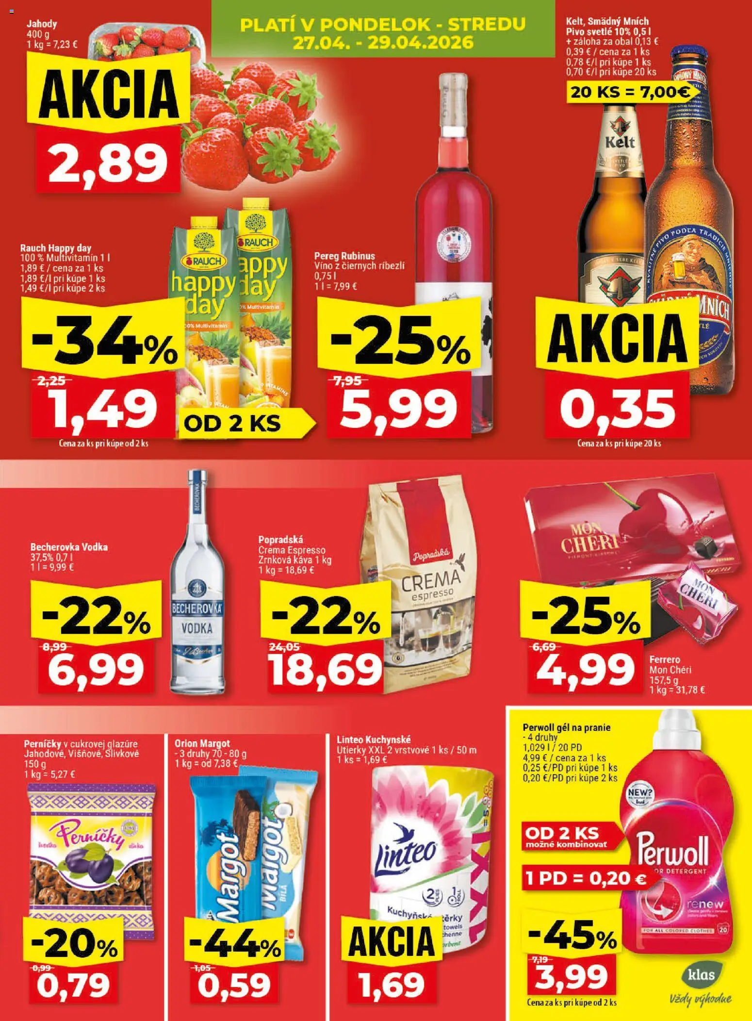Nové Klas akcie – leták je platný od 27.04.2026 | Strana: 5 | Produkty: Pivo, Perwoll, Smädný Mních, Vodka
