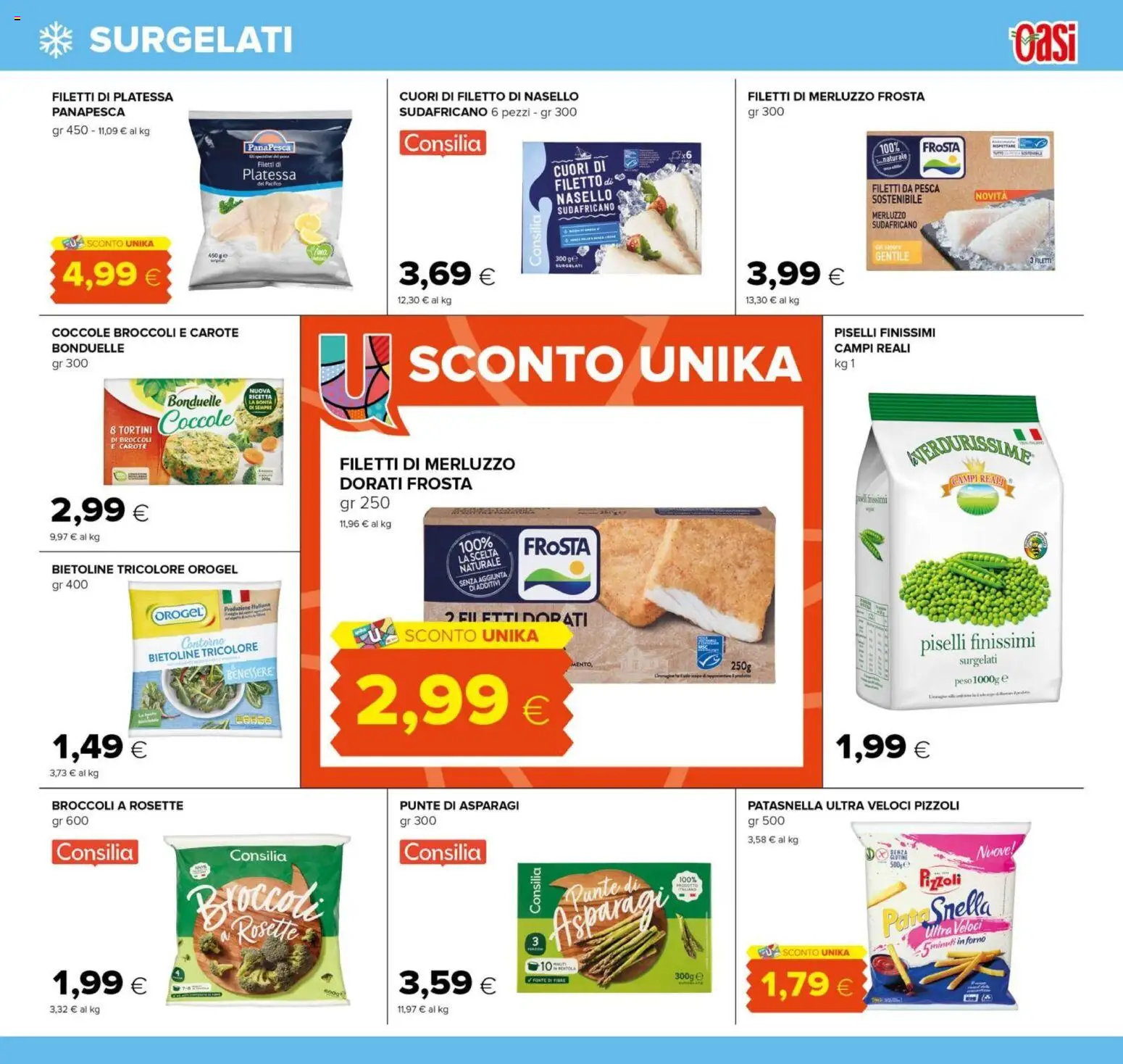 Volantino Oasi del 07.04.2026 | Pagina: 9 | Prodotti: Merluzzo, Carote, Piselli, Asparagi