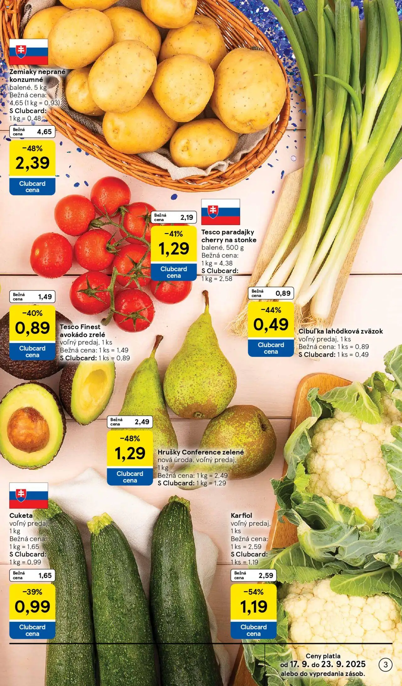 Nové Tesco akcie – leták je platný od 17.09.2025 | Strana: 3 | Produkty: Paradajky, Karfiol, Cuketa, Hrušky