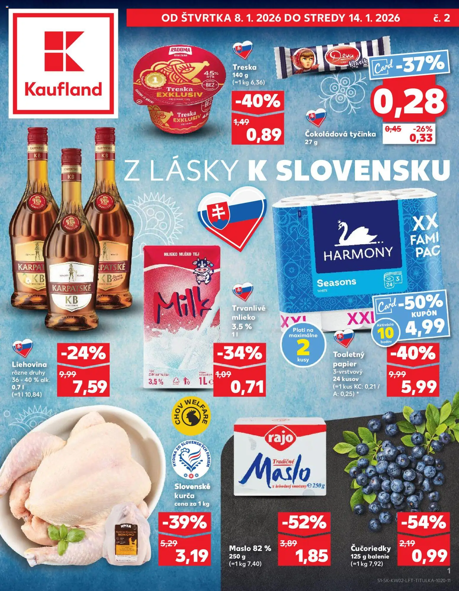 Nové Kaufland akcie – leták je platný od 08.01.2026 | Strana: 1 | Produkty: Mlieko, Toaletný papier, Čučoriedky, Trvanlivé mlieko