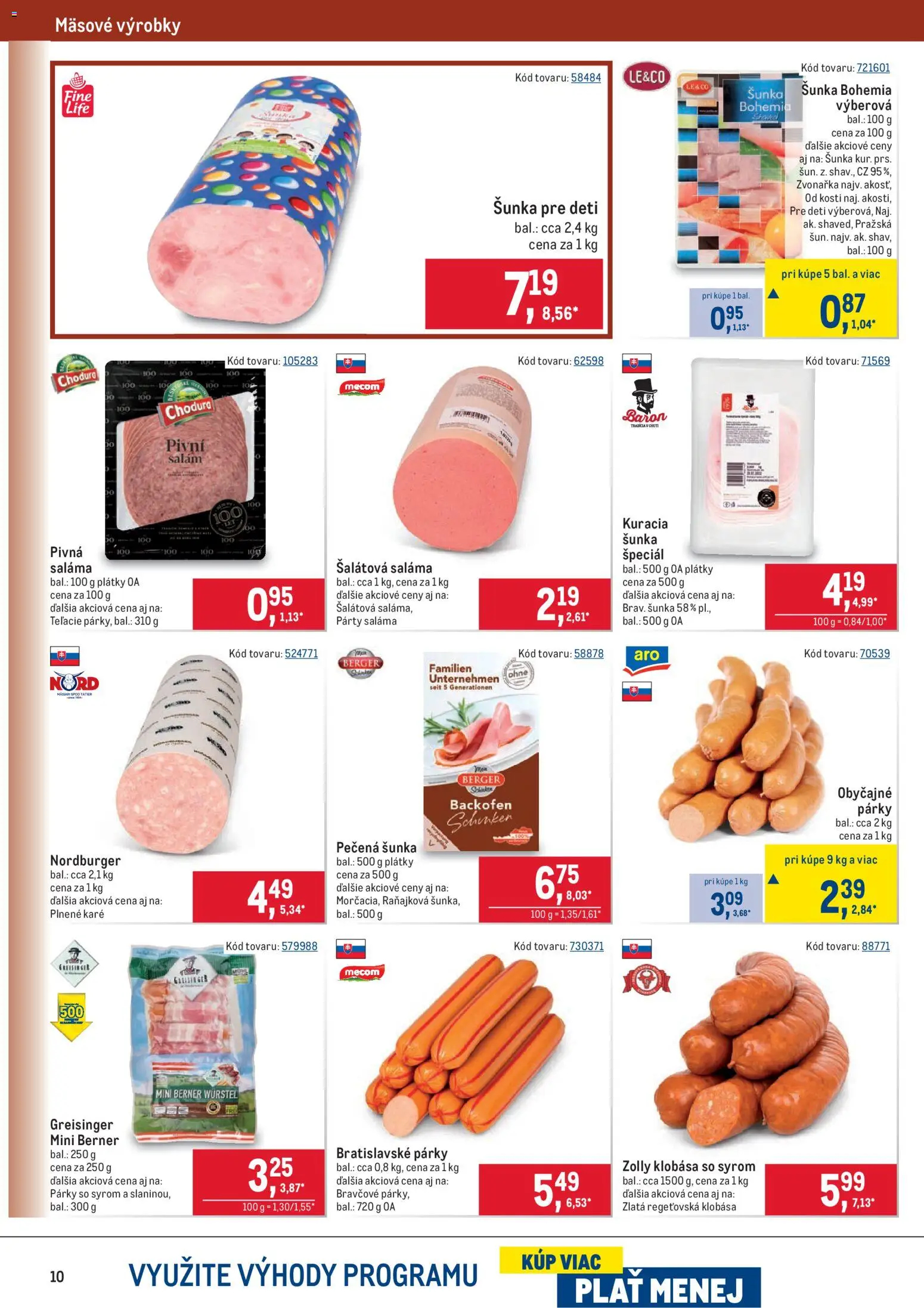 Nové Metro akcie – leták je platný od 08.04.2026 | Strana: 10 | Produkty: Saláma, Šunka, Klobása, Párky