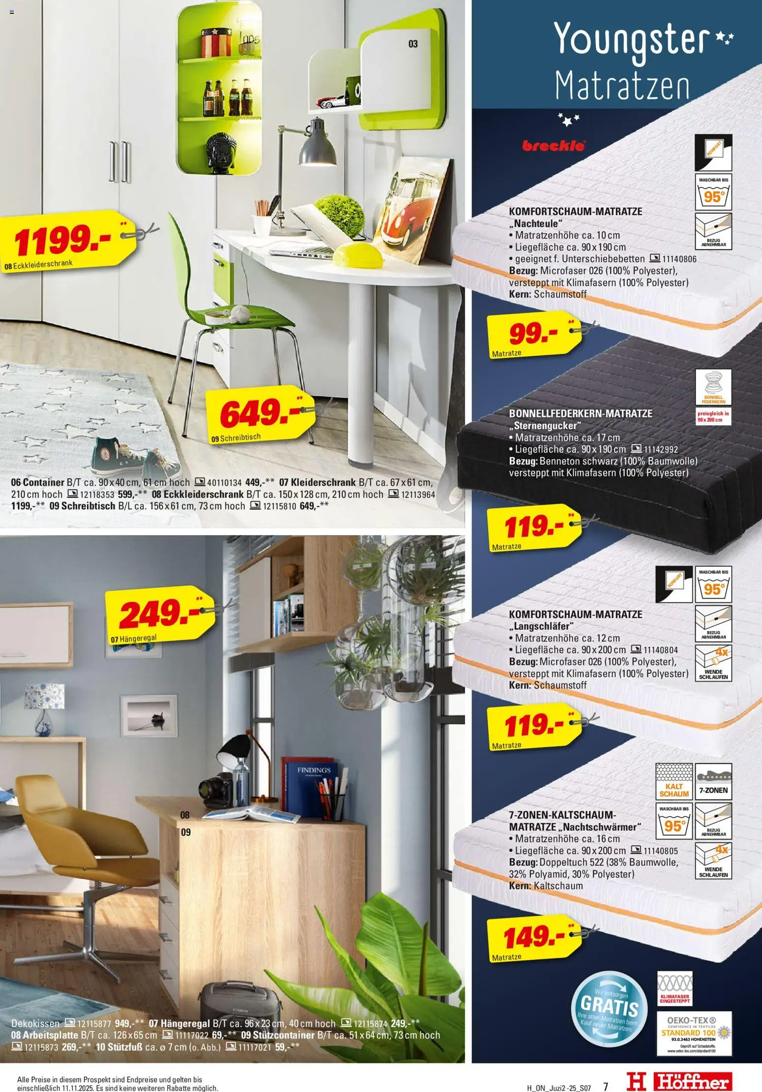 Höffner Jugendzimmer Spezial – gültig ab 29.10.2025 | Seite: 7 | Produkte: Matratze, Kleiderschrank
