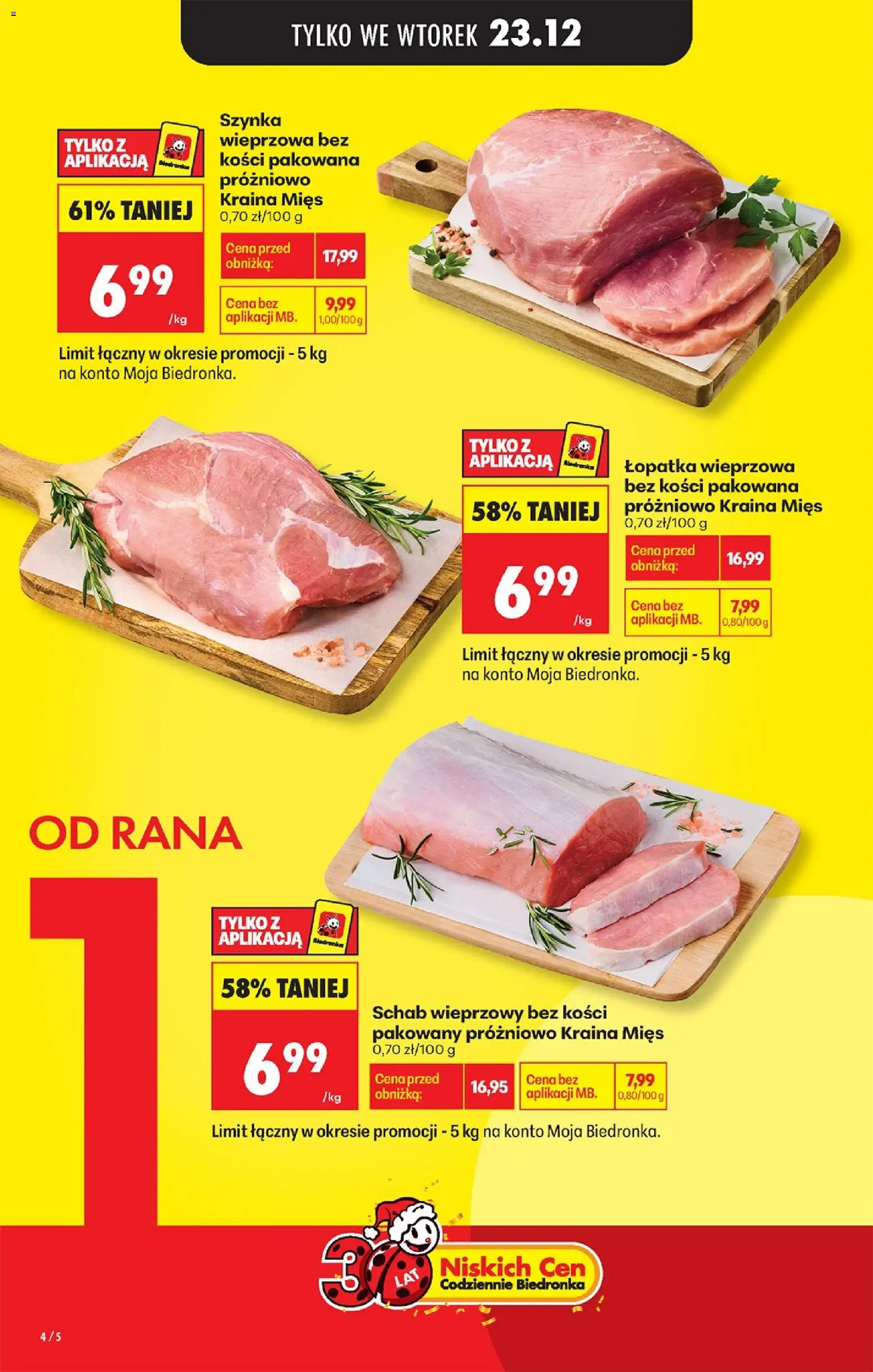 Biedronka gazetka - 3 powody od 23.12.2025 | Strona: 4 | Produkty: Schab wieprzowy, Schab wieprzowy bez kości, Szynka wieprzowa, Łopatka wieprzowa