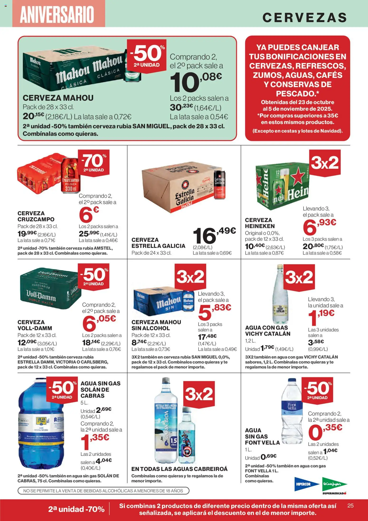 El Corte Inglés ofertas │ válido desde el 06.11.2025 | Página: 34 | Productos: Cerveza, Agua con gas, Té, Σπανάκι