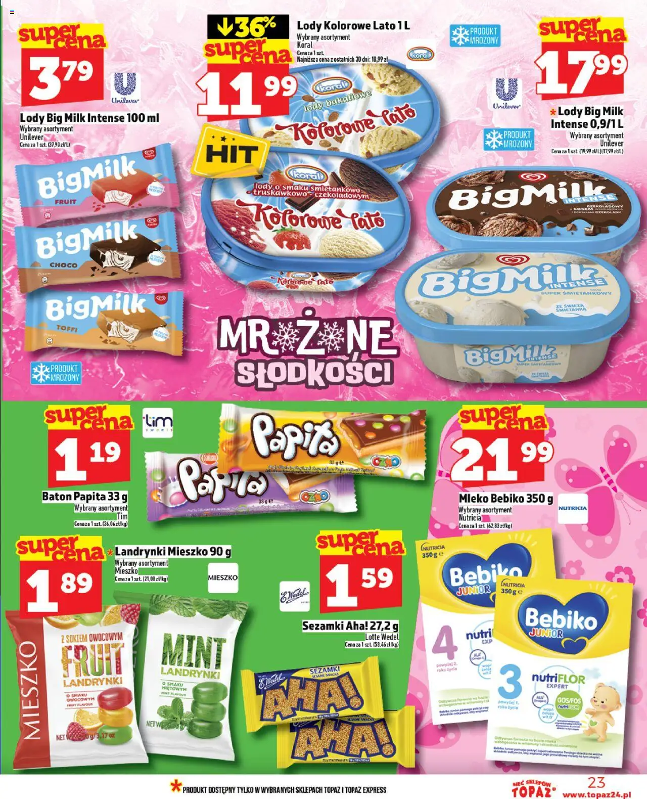 Topaz Gazetka od 14.08.2025 | Strona: 23 | Produkty: Big Milk, Baton, Mleko, Lody