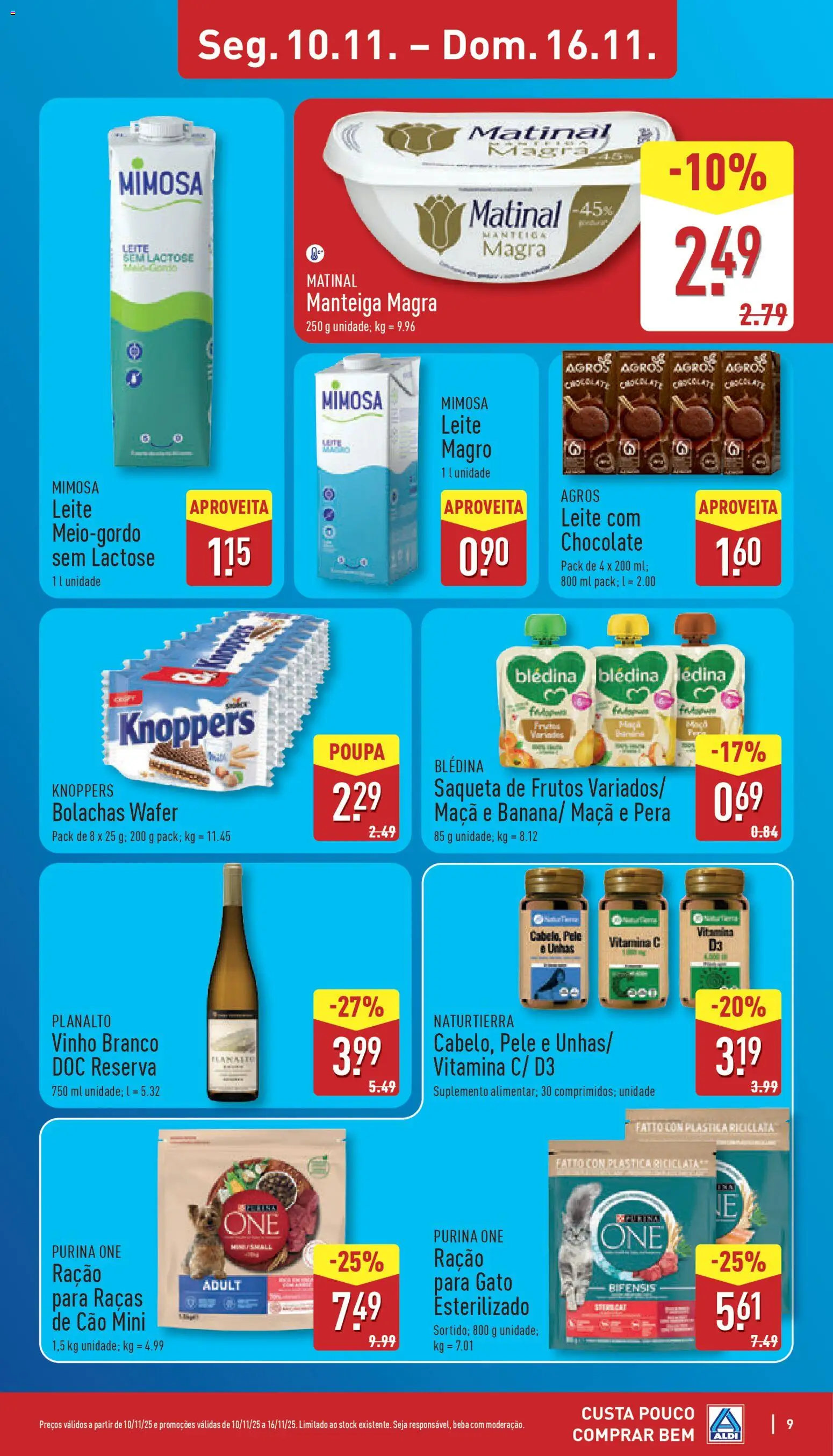 Aldi folheto │ válido de 10.11.2025 | Página: 9 | Produtos: Purina one, Leite, Manteiga, Vinho