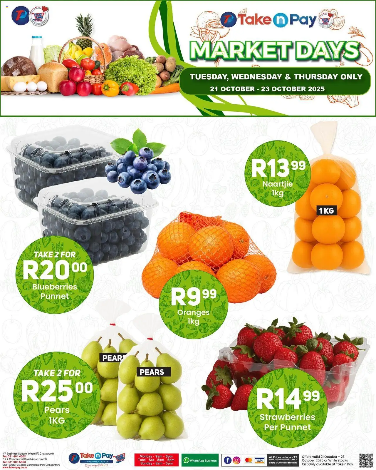 New Take n Pay catalogue – valid from 21.10.2025 | Page: 3 | Products: Pears, Blueberries, Oranges, Strawberries