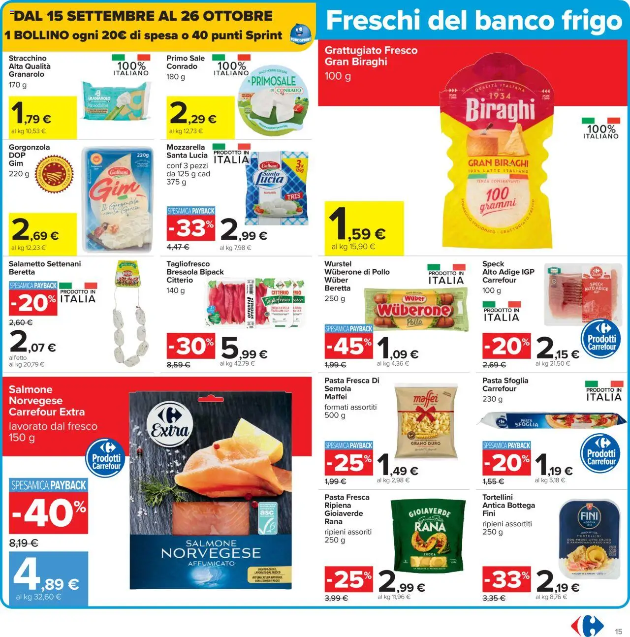 Volantino Carrefour del 10.10.2025 | Pagina: 15 | Prodotti: Salmone, Bresaola, Pasta sfoglia, Parmigiano reggiano