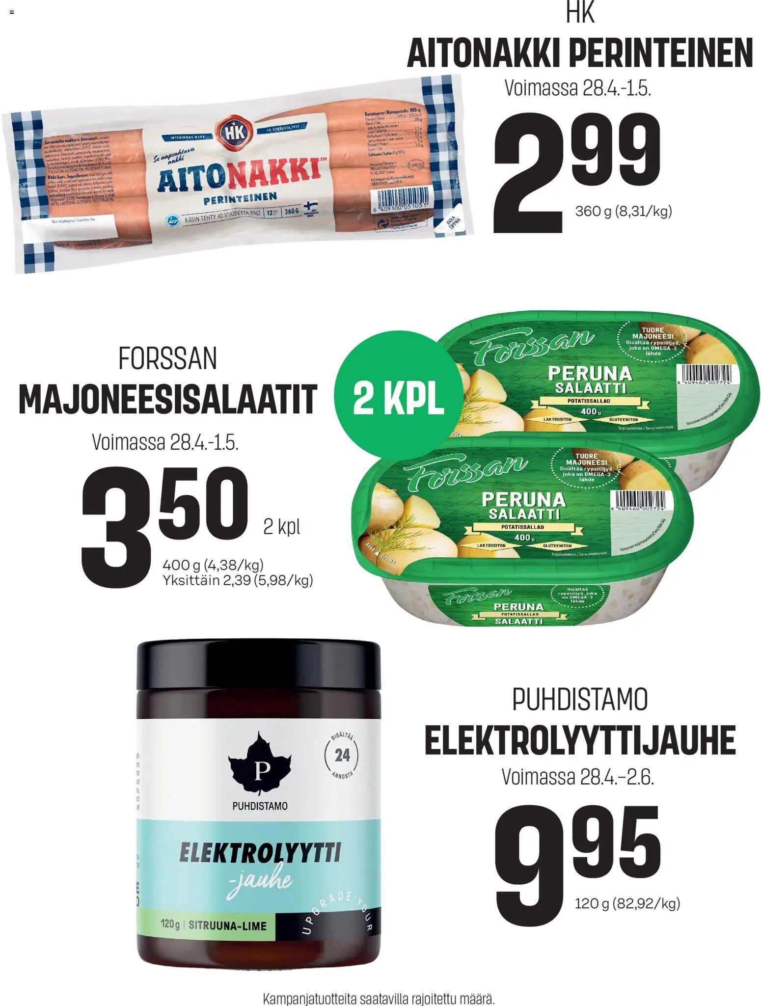 Sale tarjoukset ilmoitukset – voimassa 28.04.2026 alkaen | Sivu: 1 | Tuotteet: Majoneesi, Jauhe, Peruna, Salaatti