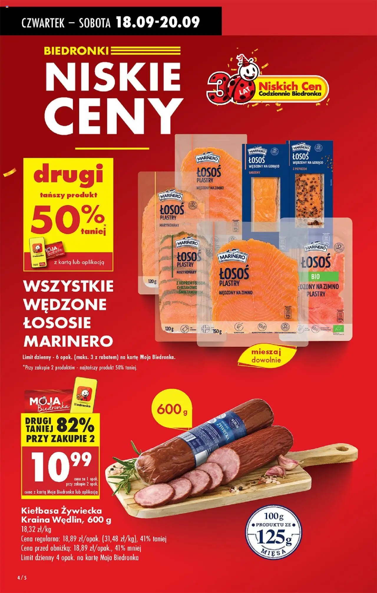 Biedronka gazetka - Oferta w tym tygodniu od 18.09.2025 | Strona: 4 | Produkty: Kiełbasa, Karta, Łosoś wędzony, Łosoś wędzony na gorąco