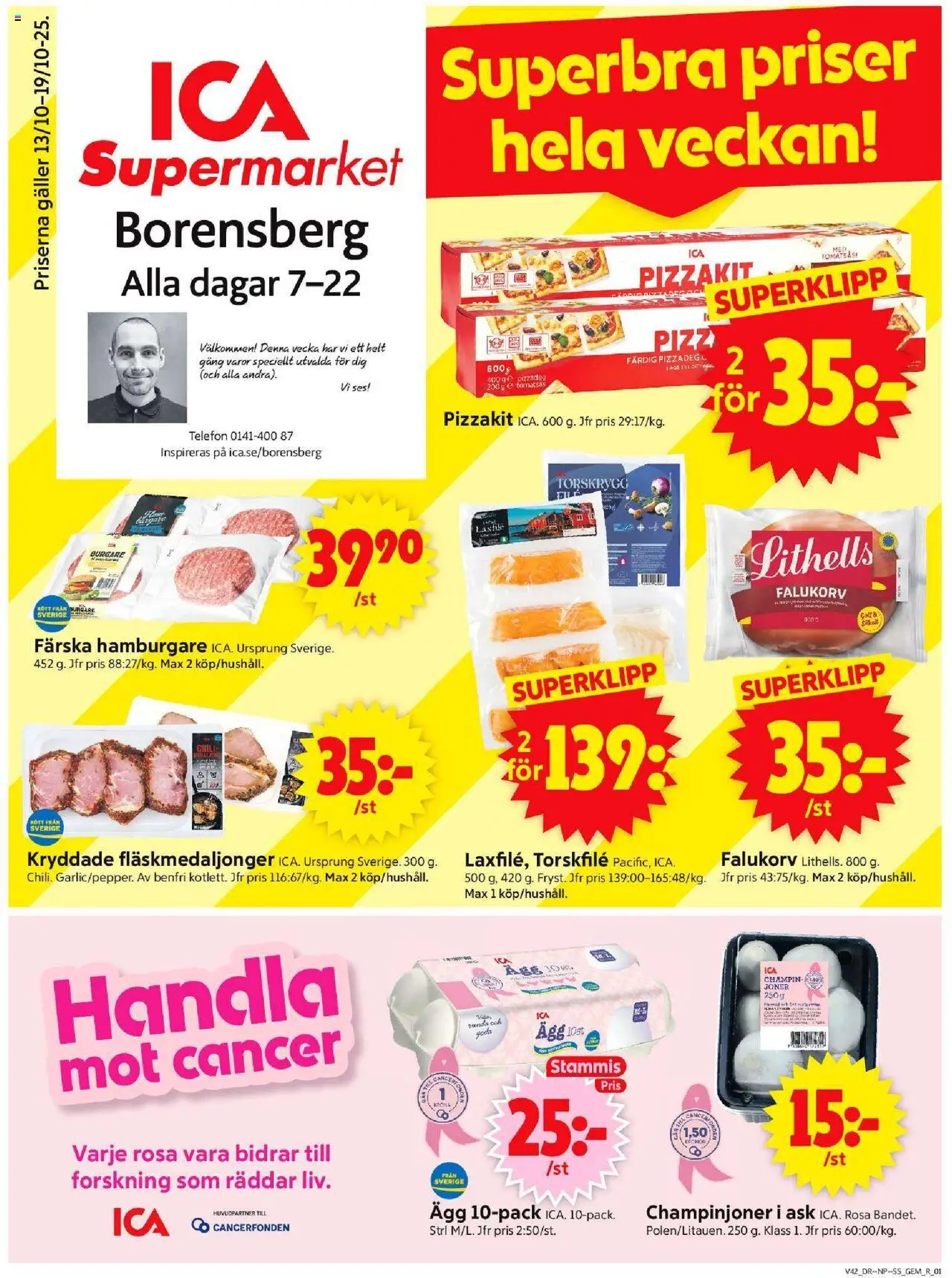 ICA Supermarket reklamblad aktuell från 13.10.2025 | Sida: 1 | Produkter: Torskfile, Ägg, Champinjoner, Telefon