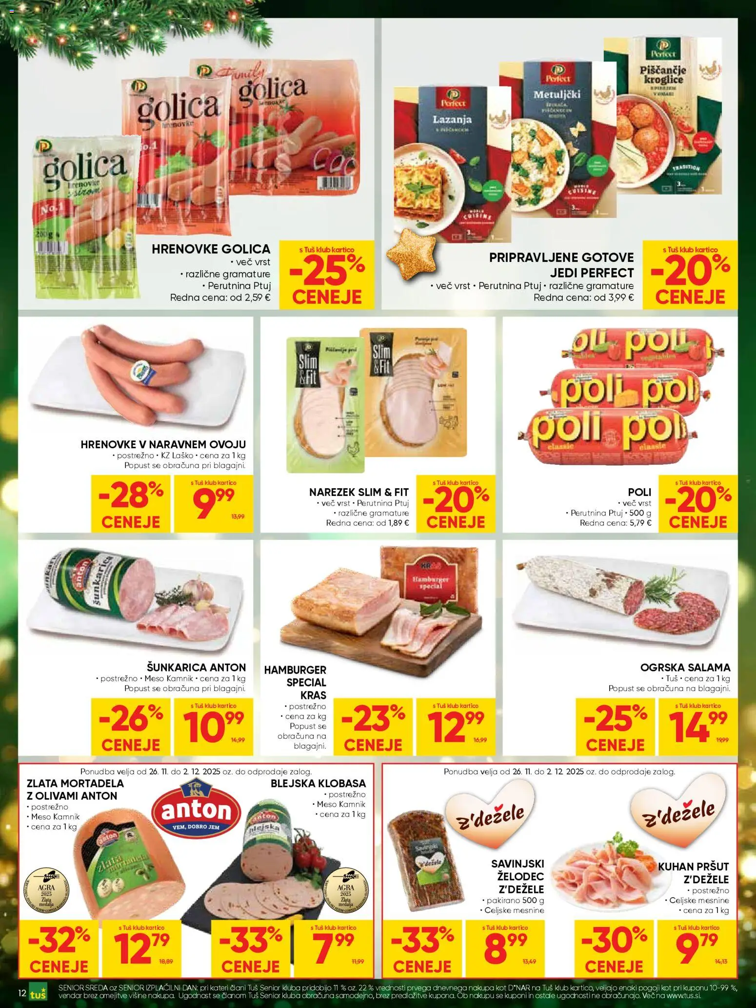 Novi Tuš katalog ponudbe – veljaven od 26.11.2025 | Stran: 12 | Izdelki: Hrenovke, Mortadela, Salama, Lazanja