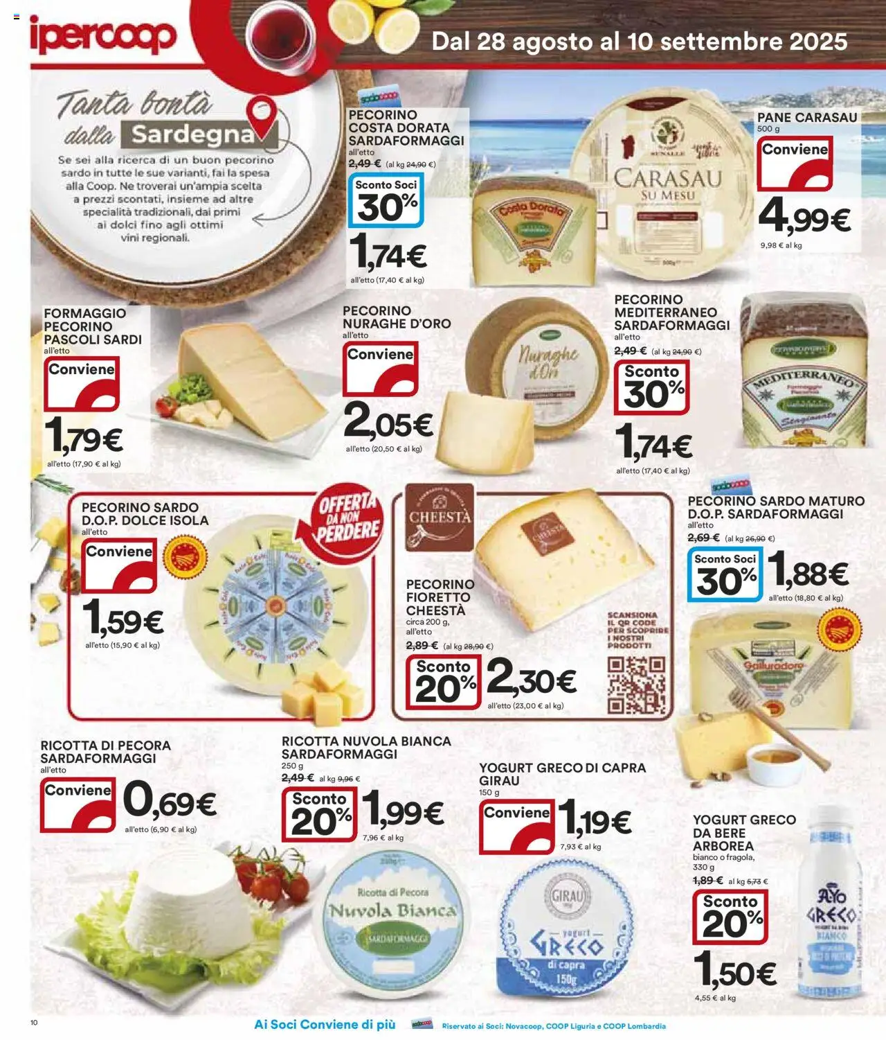 Volantino Ipercoop del 28.08.2025 | Pagina: 10 | Prodotti: Yogurt greco, Formaggio, Ricotta, Pecorino