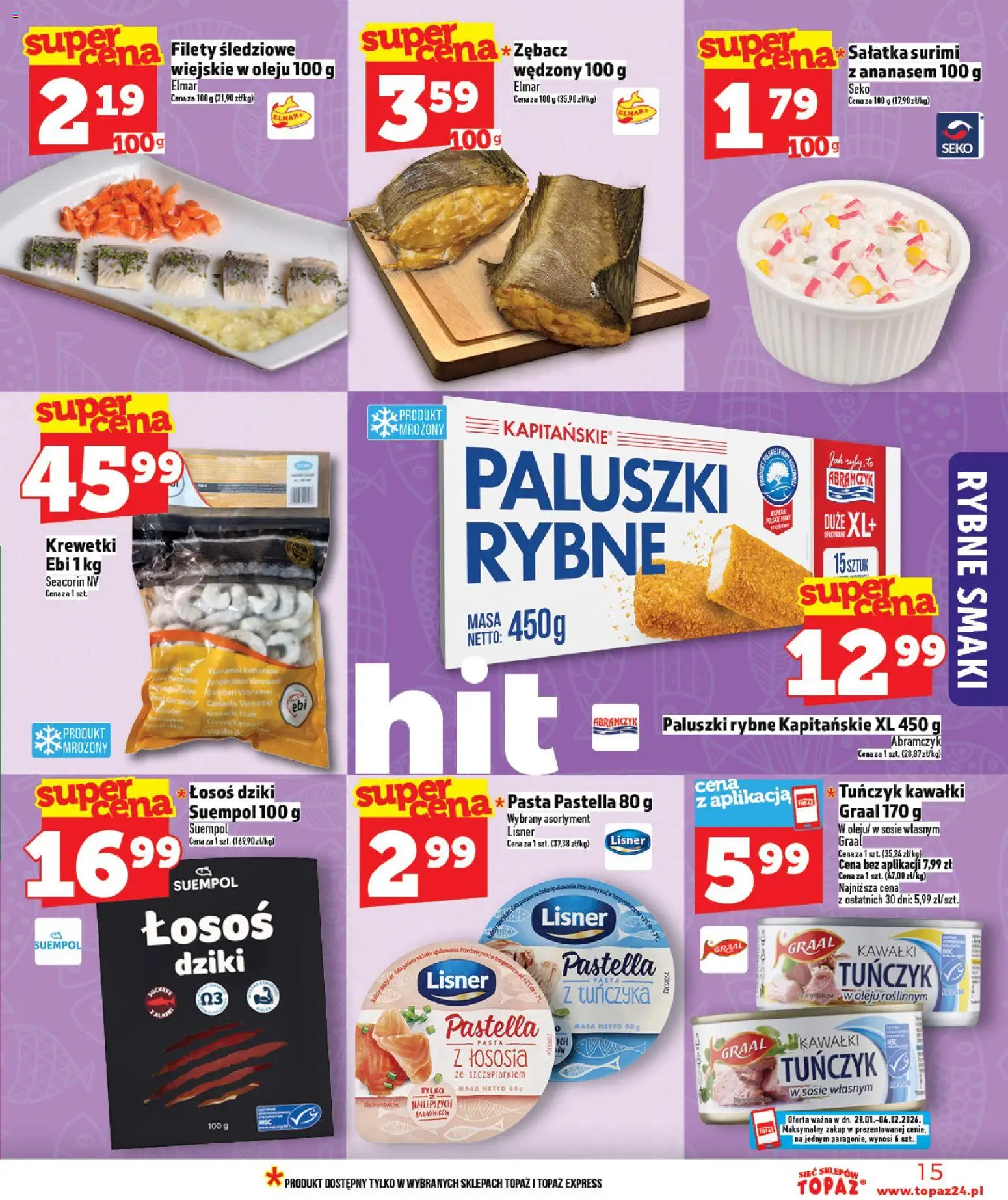 Topaz Gazetka od 29.01.2026 | Strona: 15 | Produkty: Krewetki, Krewetki białe, Tuńczyk, Sałatka