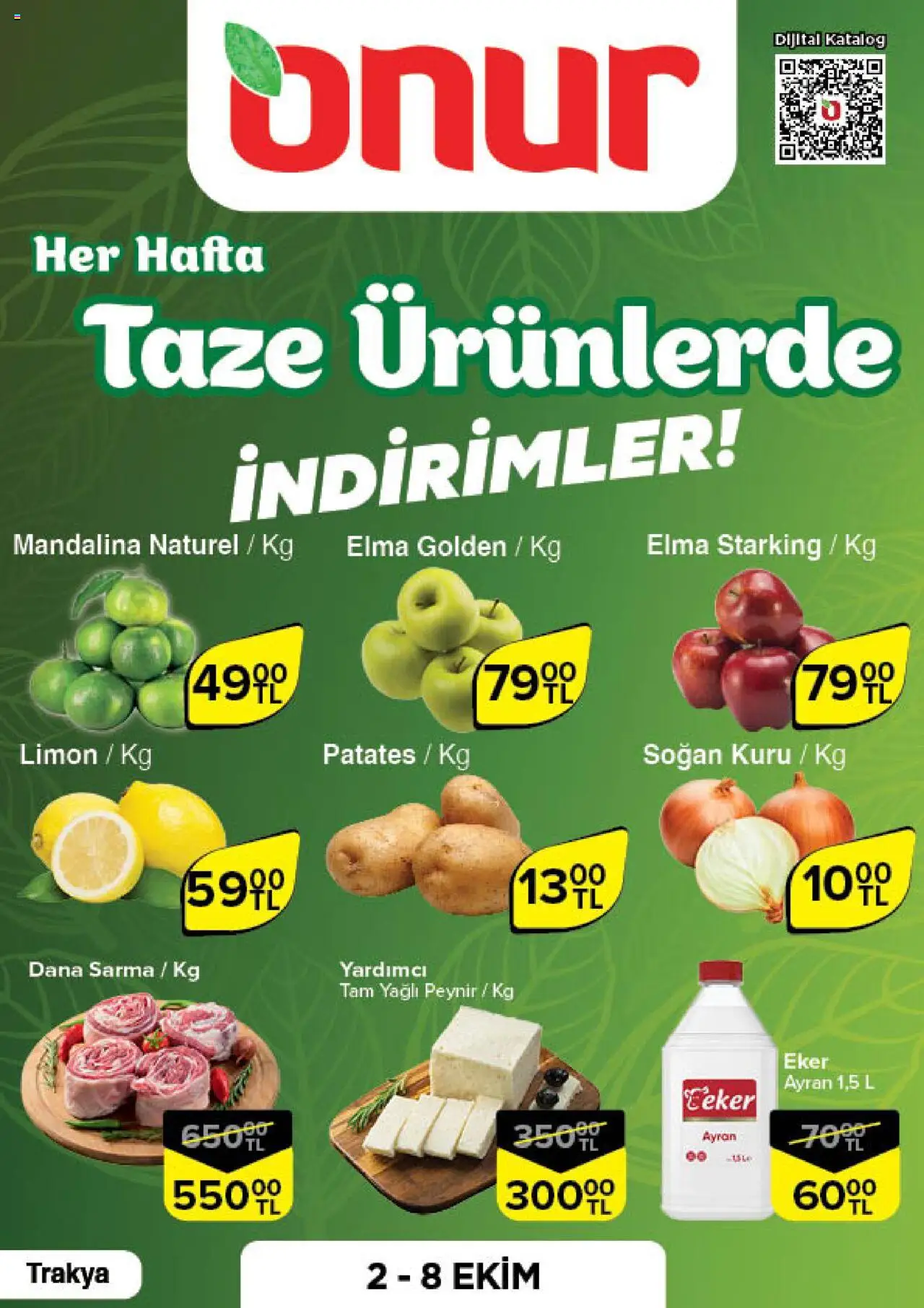 Onur Market Taze Ürünlerde İndirimler - Trakya - 02.10.2025 tarihinden itibaren geçerlidir | Sayfa: 1 | Ürünler: Elma, Mandalina, Patates, Limon