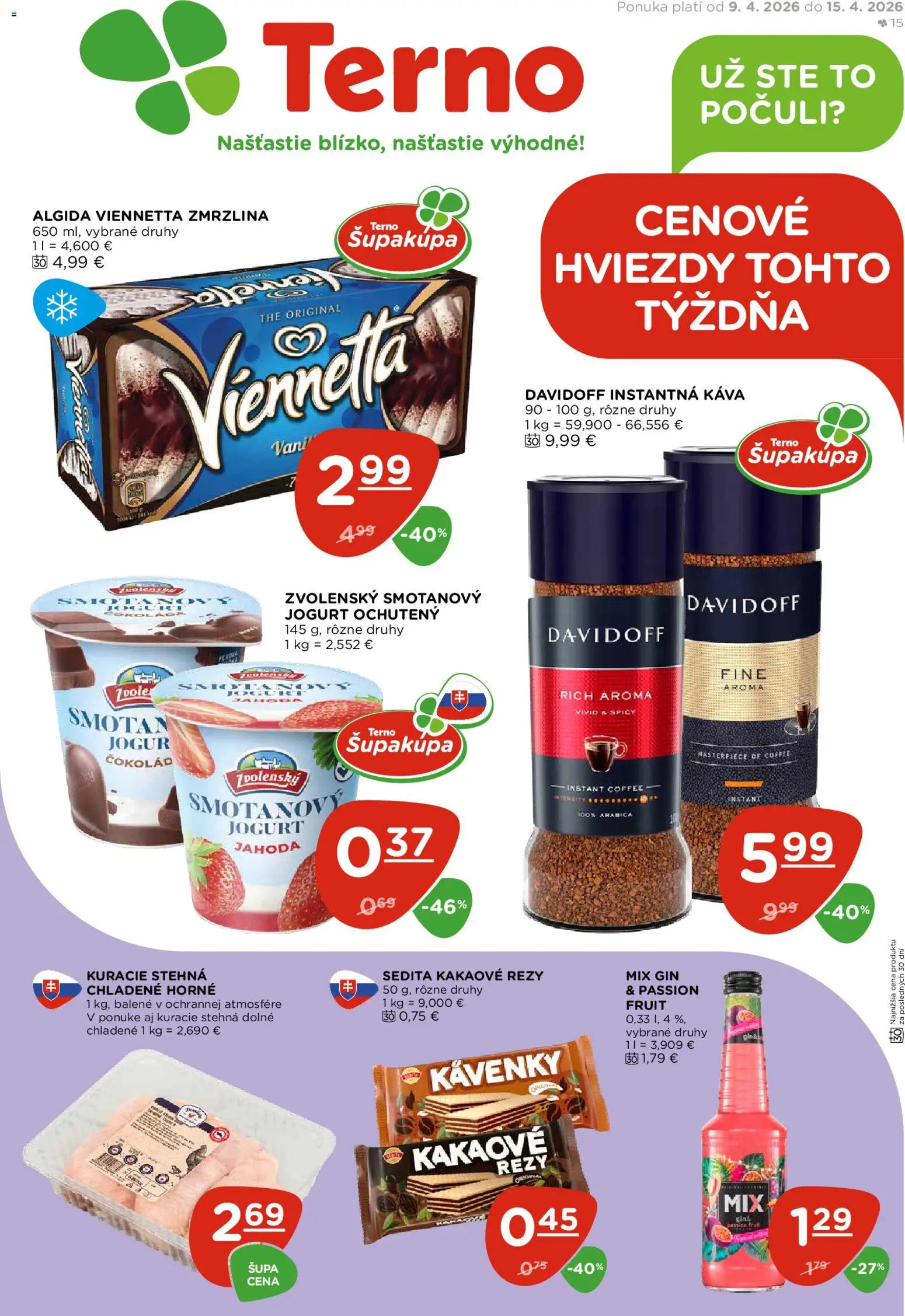 Nové Terno akcie – leták je platný od 09.04.2026 | Strana: 1 | Produkty: Jogurt, Káva, Zmrzlina, Kuracie stehná