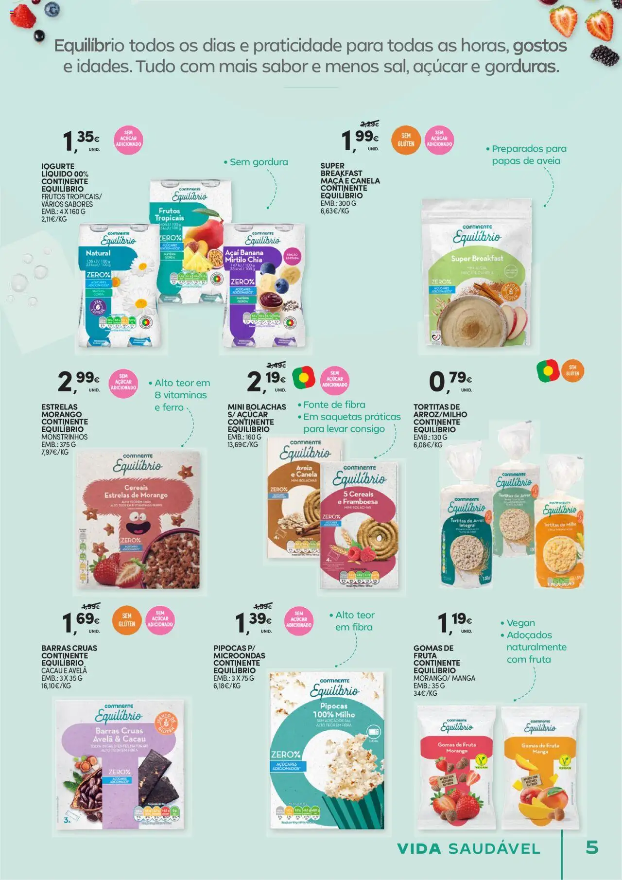 Continente - Vida Saudável: É de quem quer comer bem sem ginástica na carteira │ válido de 21.10.2025 | Página: 5 | Produtos: Aveia, Açai, Bolachas, Açúcar