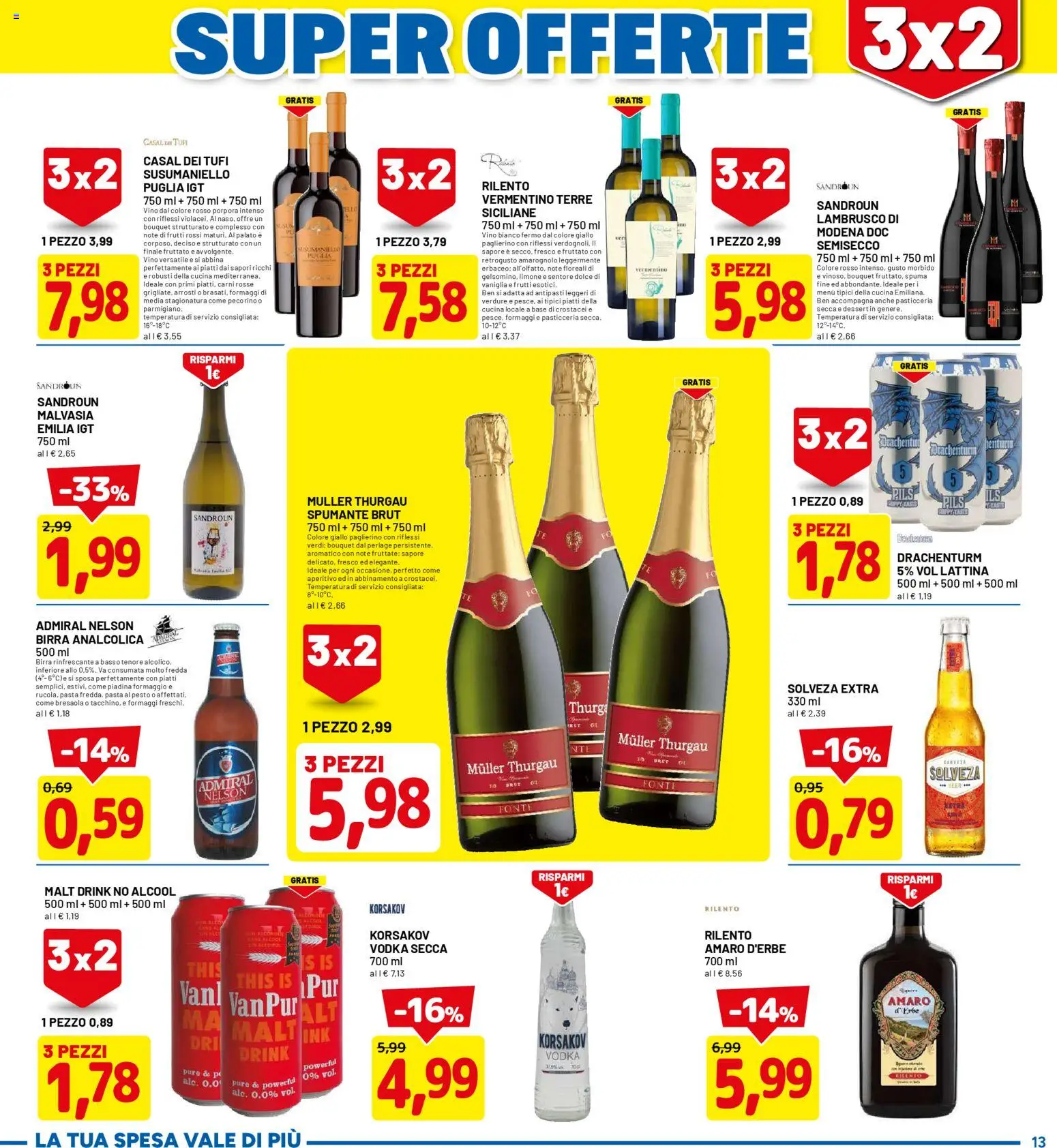 Volantino D Più del 05.01.2026 | Pagina: 13 | Prodotti: Birra, Vodka, Pasta, Pecorino