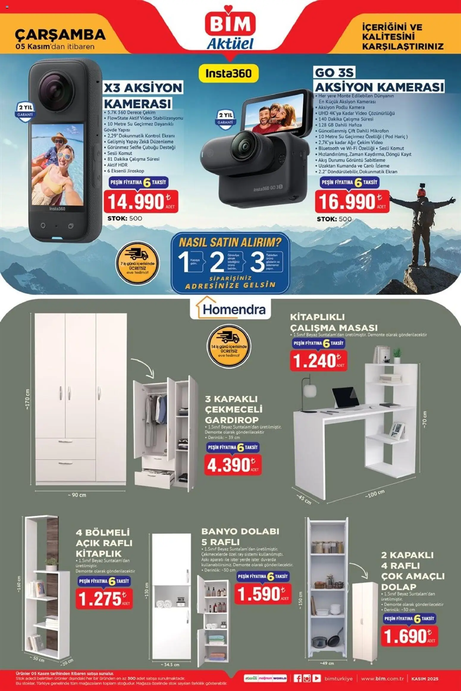 BİM Katalog Çarşamba - 05.11.2025 tarihinden itibaren geçerlidir | Sayfa: 1 | Ürünler: Kitaplık, Gardırop, Su, Video