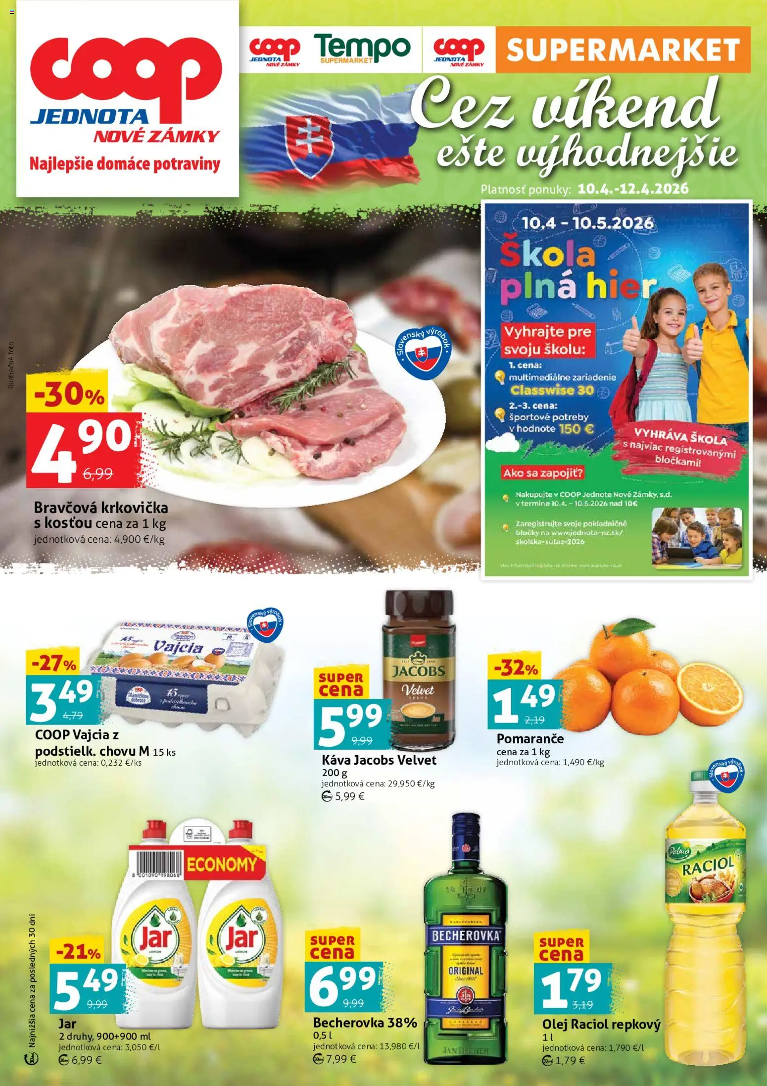 Nové COOP Jednota akcie – leták je platný od 10.04.2026 | Strana: 1 | Produkty: Becherovka, Vajcia, Káva, Krkovička