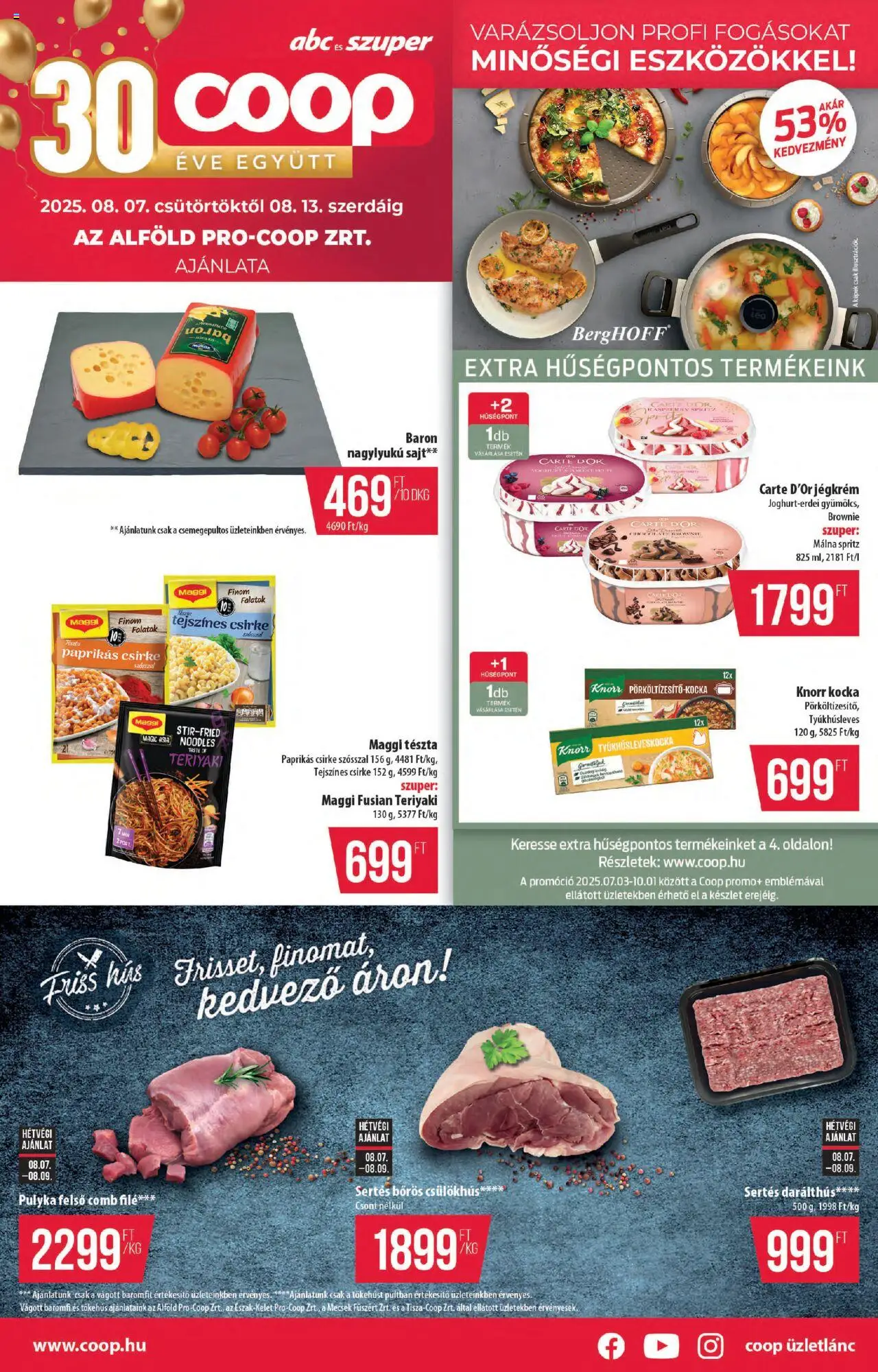 COOP akciós ujság - amely érvényes a következő dátumtól: 07.08.2025 | Oldal: 1 | Termékek: Málna, Maggi, Sajt, Brownie