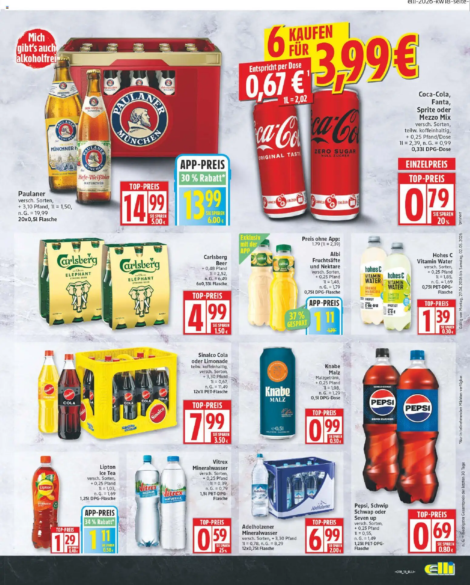 Elli Markt Prospekt – gültig ab 27.04.2026 | Seite: 13 | Produkte: Pfirsich, Pepsi, Hohes c, Paulaner