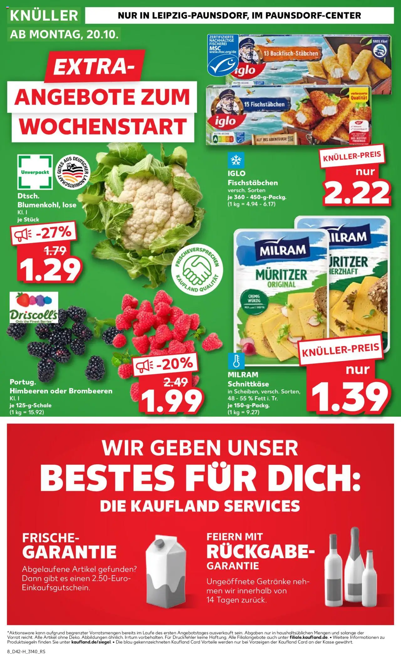 Kaufland prospekt Leipzig	 – gültig ab 16.10.2025 | Seite: 8 | Produkte: Himbeeren, Iglo, Fischstabchen, Milram