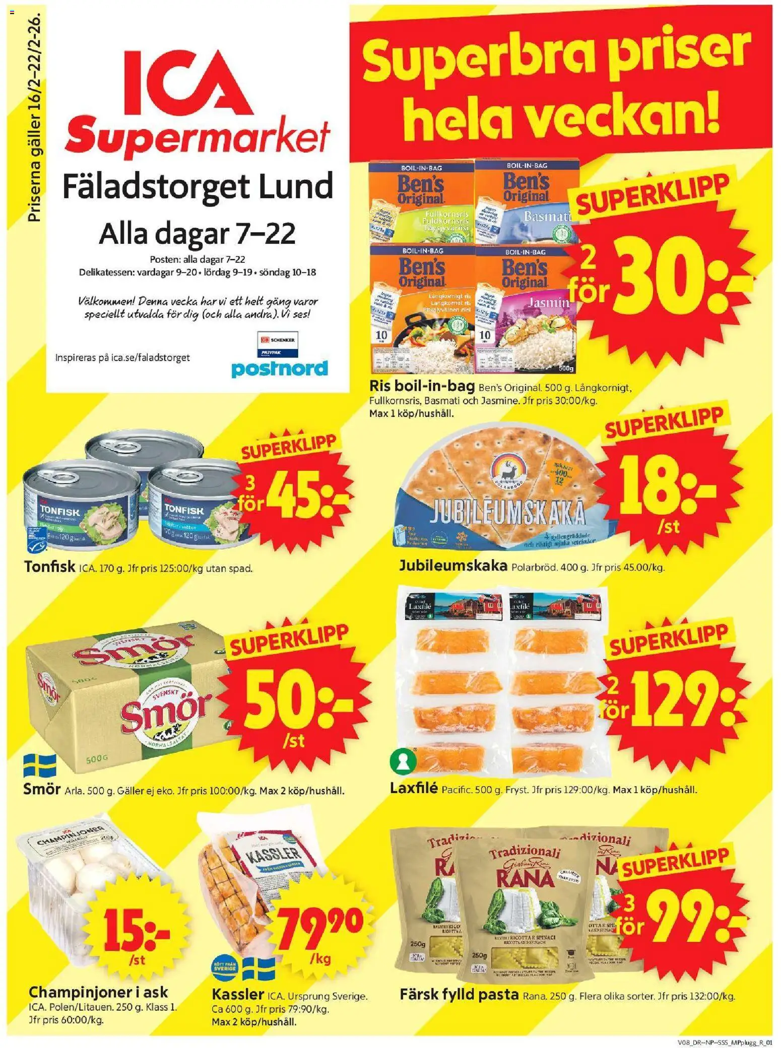 ICA Supermarket reklamblad aktuell från 16.02.2026 | Sida: 1 | Produkter: Galler, Smör, Pasta, Tonfisk