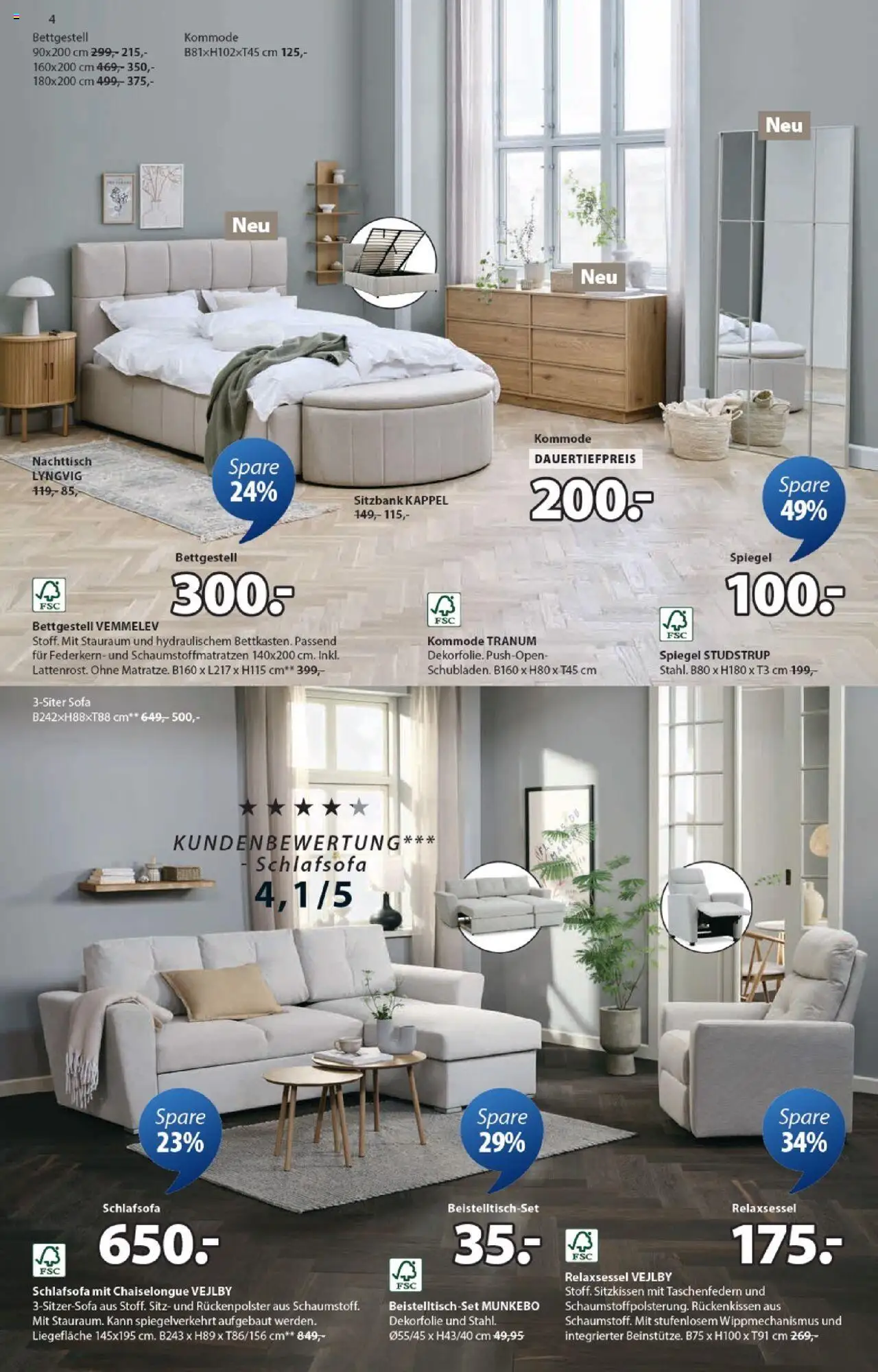 JYSK Aktionen – gültig ab 23.09.2025 | Seite: 4 | Produkte: Sitzbank, Nachttisch, Sofa, Schlafsofa