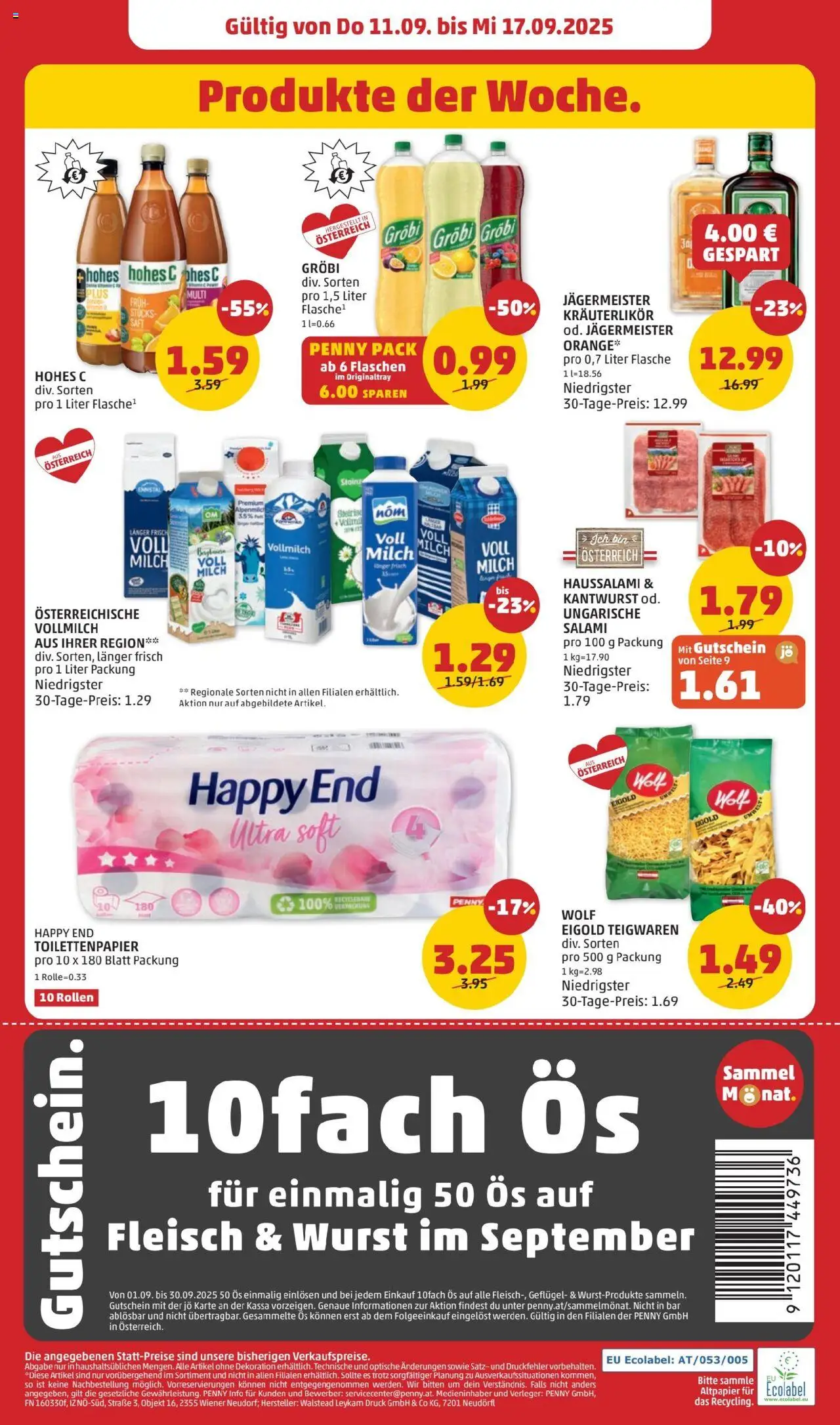 Penny Markt Flugblatt gültig ab 11.09.2025 | Seite: 24 | Produkte: Wurst, Milch, Salami, Saft