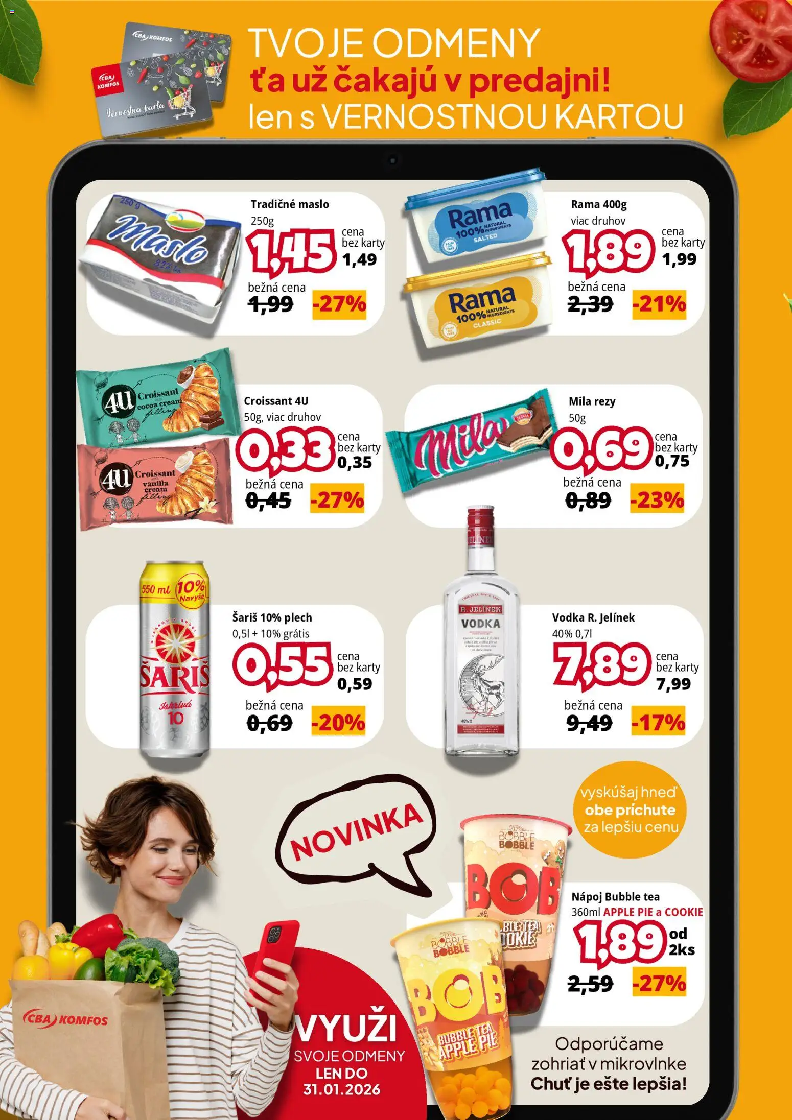 Nové CBA Komfos akcie – leták je platný od 15.01.2026 | Strana: 1 | Produkty: Croissant, Apple, Vodka, Mila