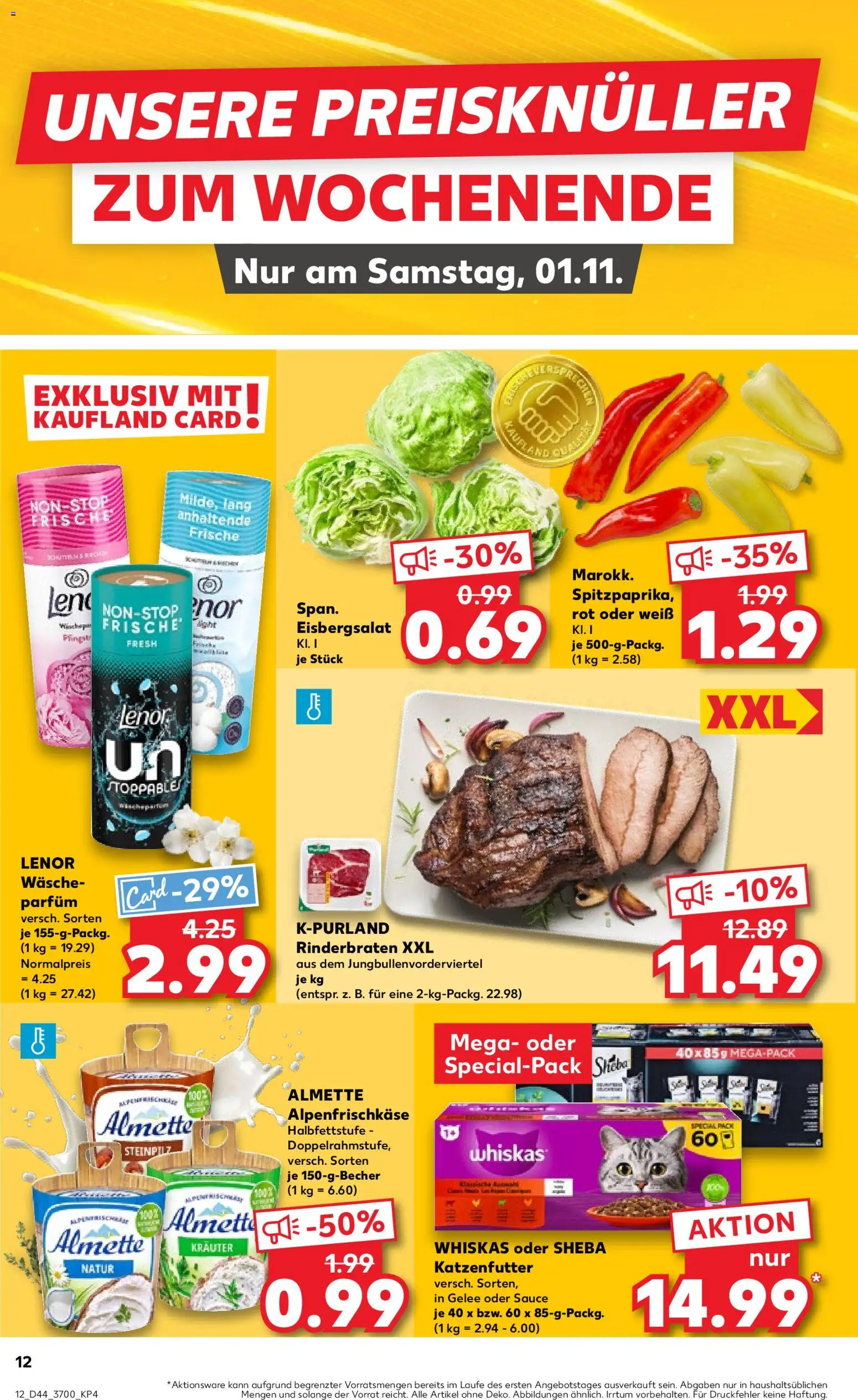Kaufland prospekt Rostock	 – gültig ab 30.10.2025 | Seite: 12 | Produkte: Lenor, Rinderbraten, Eisbergsalat, Whiskas