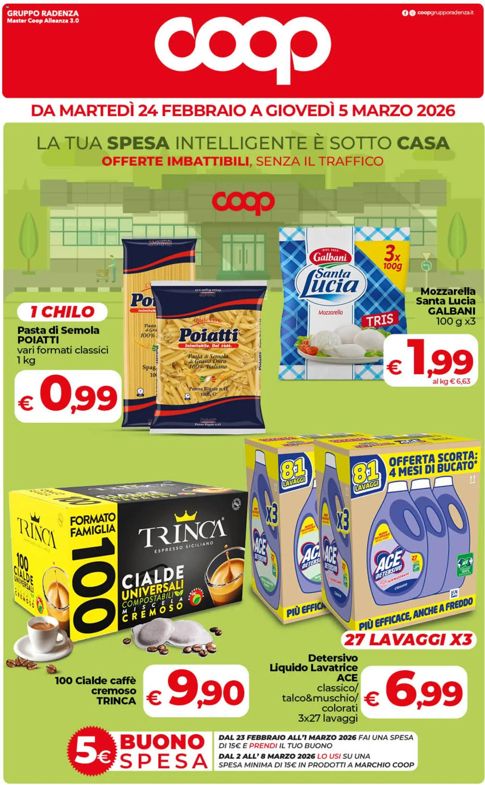Volantino COOP del 24.02.2026 | Pagina: 1 | Prodotti: Caffè, Mozzarella, Pasta, Lavatrice