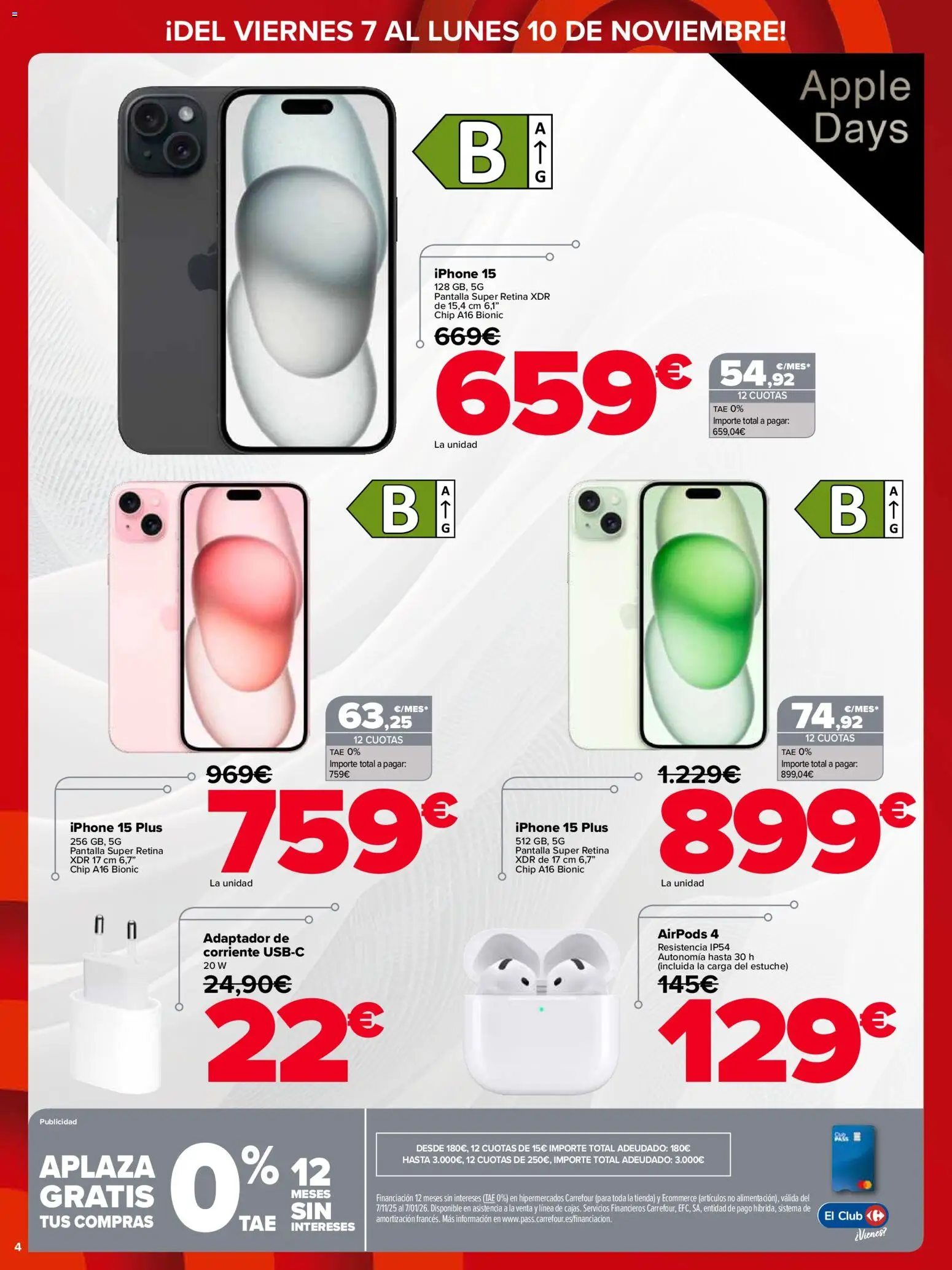 Carrefour Black Friday │ válido desde el 07.11.2025 | Página: 4 | Productos: Airpods, Apple, Iphone, Adaptador