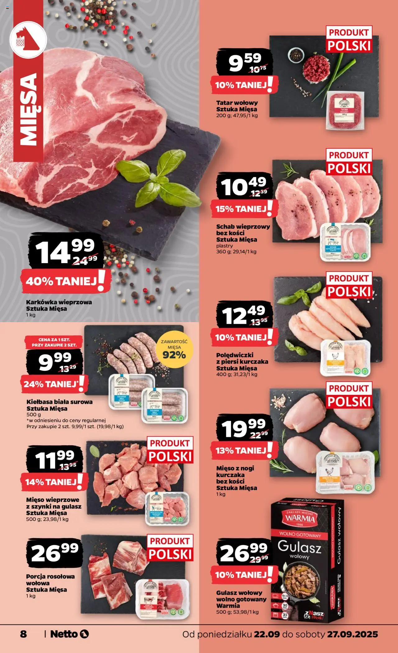 Netto gazetka - Spożywcza od 22.09.2025 | Strona: 8 | Produkty: Karkówka wieprzowa, Mięso, Schab wieprzowy bez kości, Gulasz
