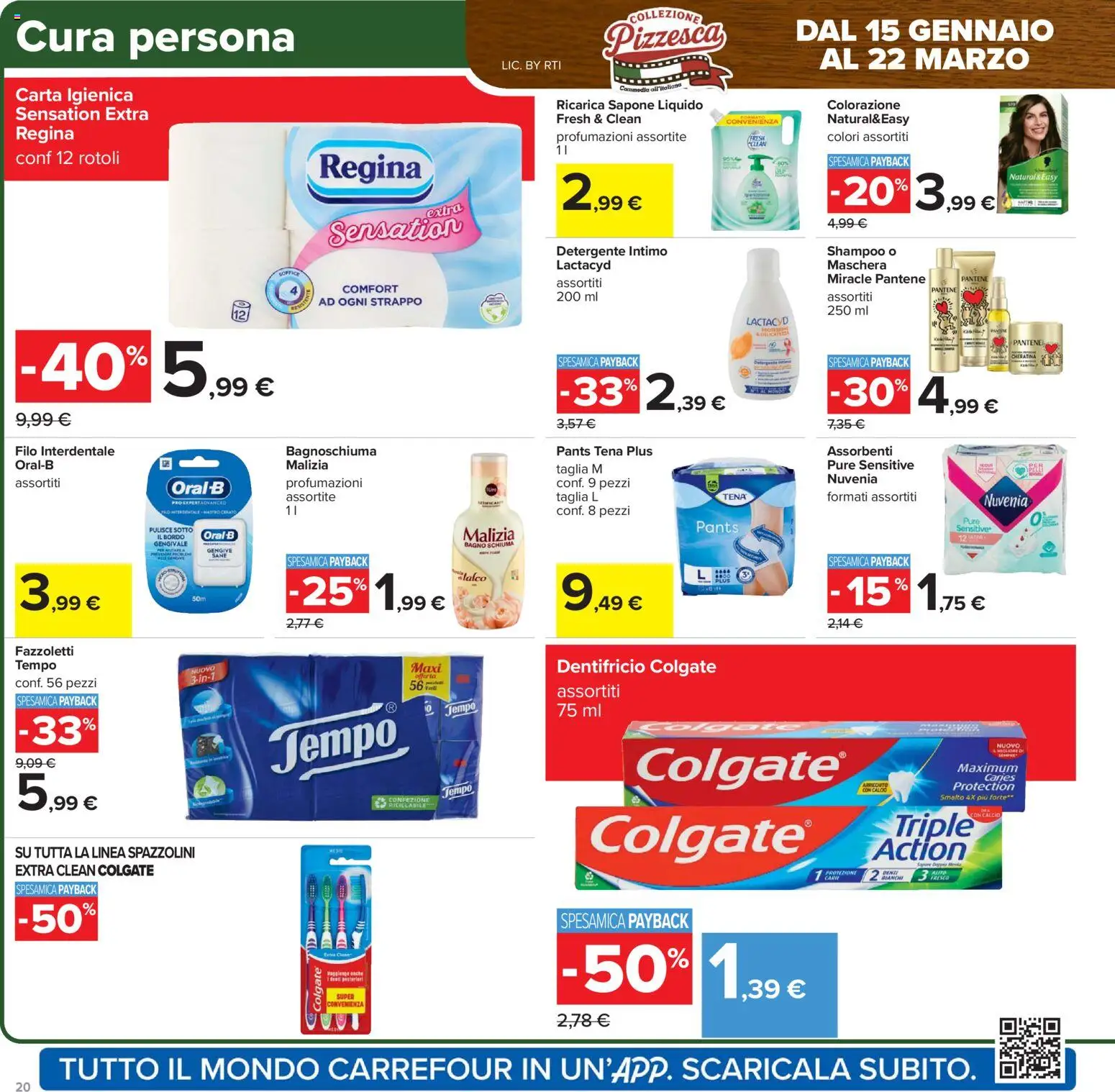 Volantino Carrefour del 02.03.2026 | Pagina: 20 | Prodotti: Carta igienica, Filo interdentale, Detergente intimo, Talco