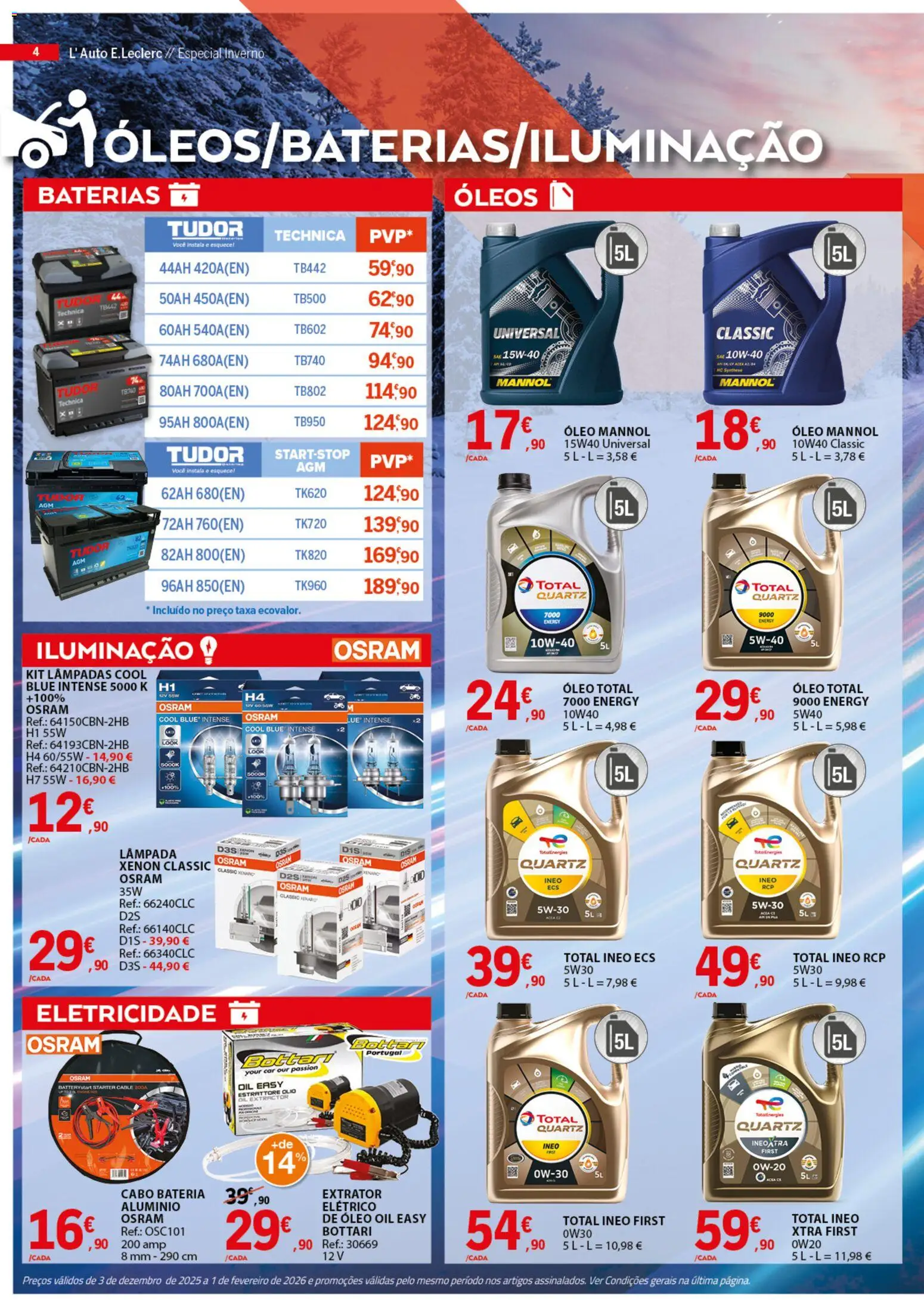 E.Leclerc folheto │ válido de 03.12.2025 | Página: 4 | Produtos: Cabo, Lâmpadas, Bateria, Óleo