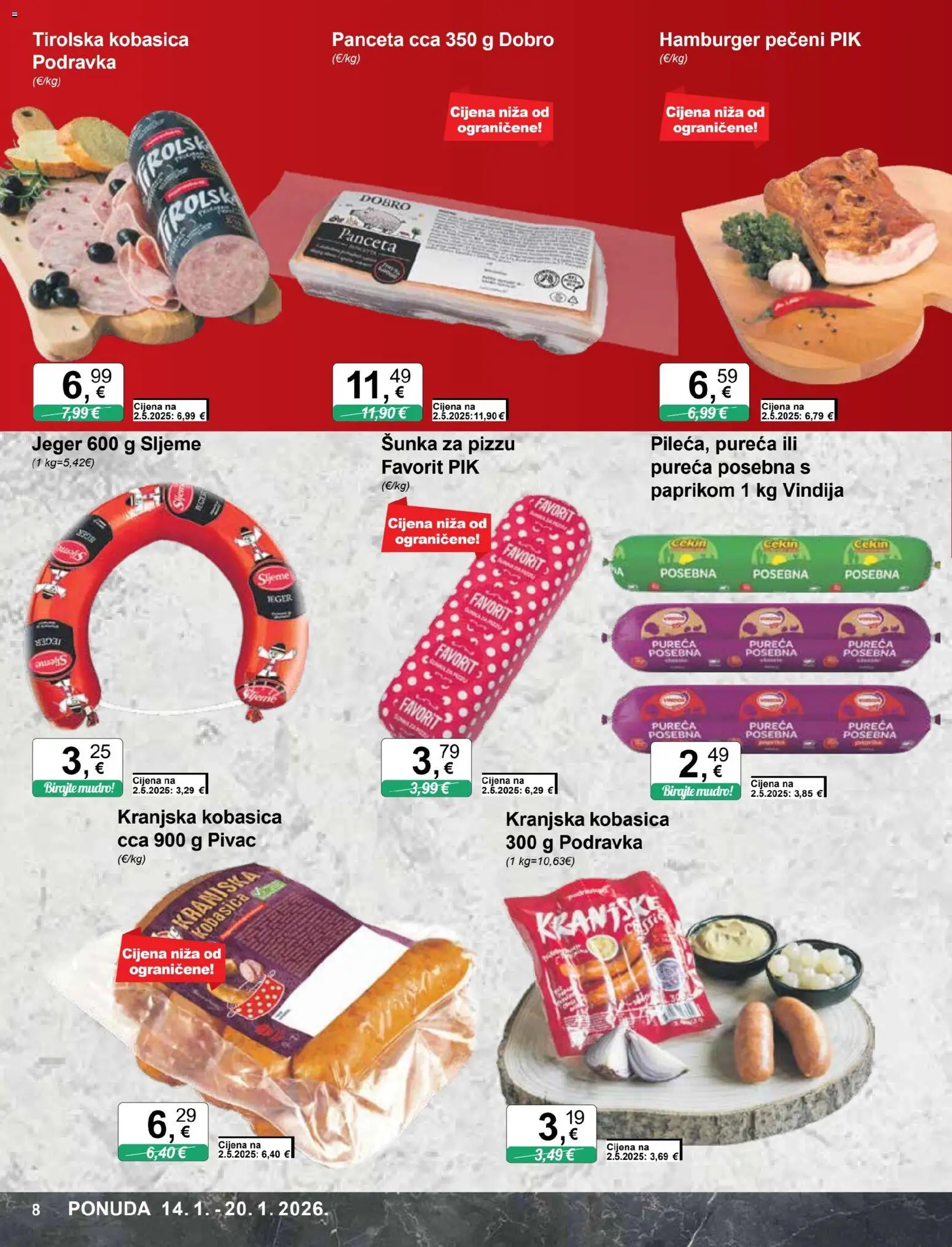 KTC katalog | vrijedi od 14.01.2026 | Stranica: 8 | Proizvodi: Šunka, Podravka, Hamburger, Panceta